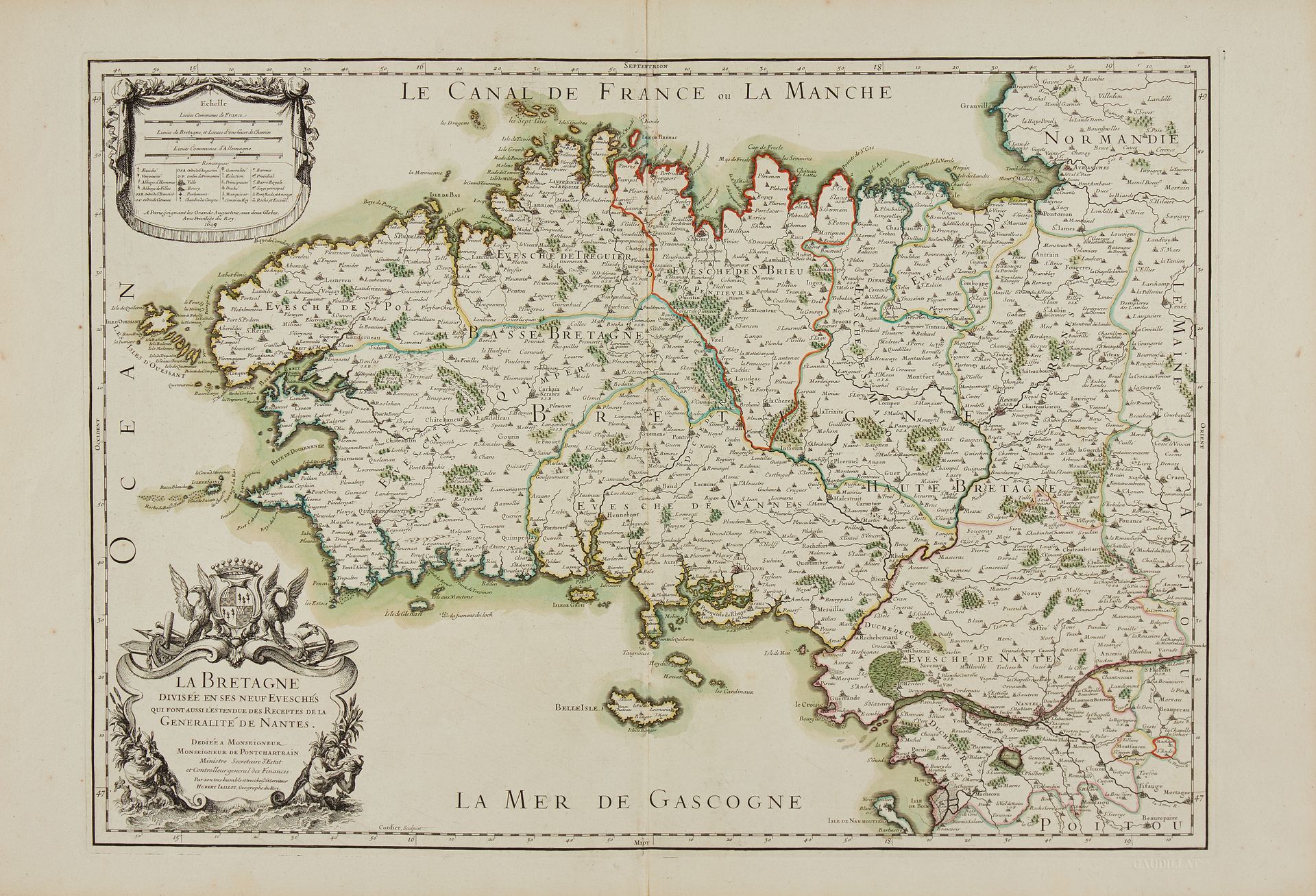 Null Sanson / jaillot.布列塔尼在其新遗产中的划分。阿姆斯特丹，[1696]。当时的上校。地图分2张拼凑而成。绿色氧化，Pontivy下面的&hellip;
