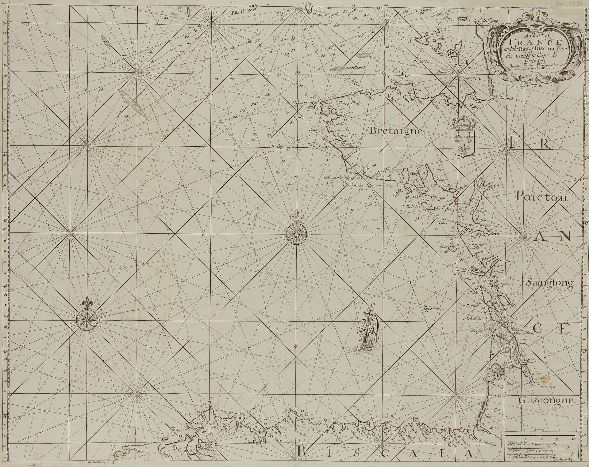 Null THORNTON, J. A Chart of France and the Bay of Biscaia... London, ca. 1680. &hellip;