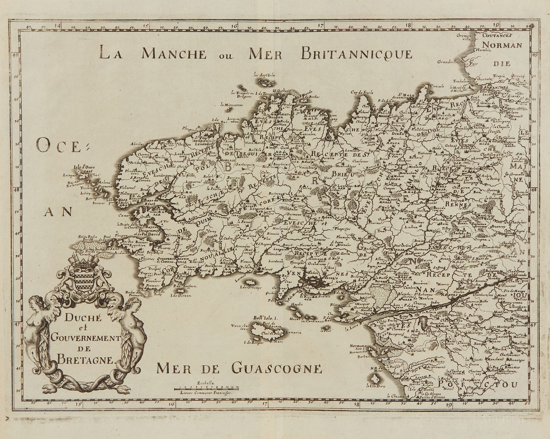 Null 梅里安，M. 布列塔尼公国和政府。法兰克福，1657年。黑与白。不错的副本，27 x 36毫米。





布列塔尼地图，1657年发表于马丁-泽勒的&hellip;