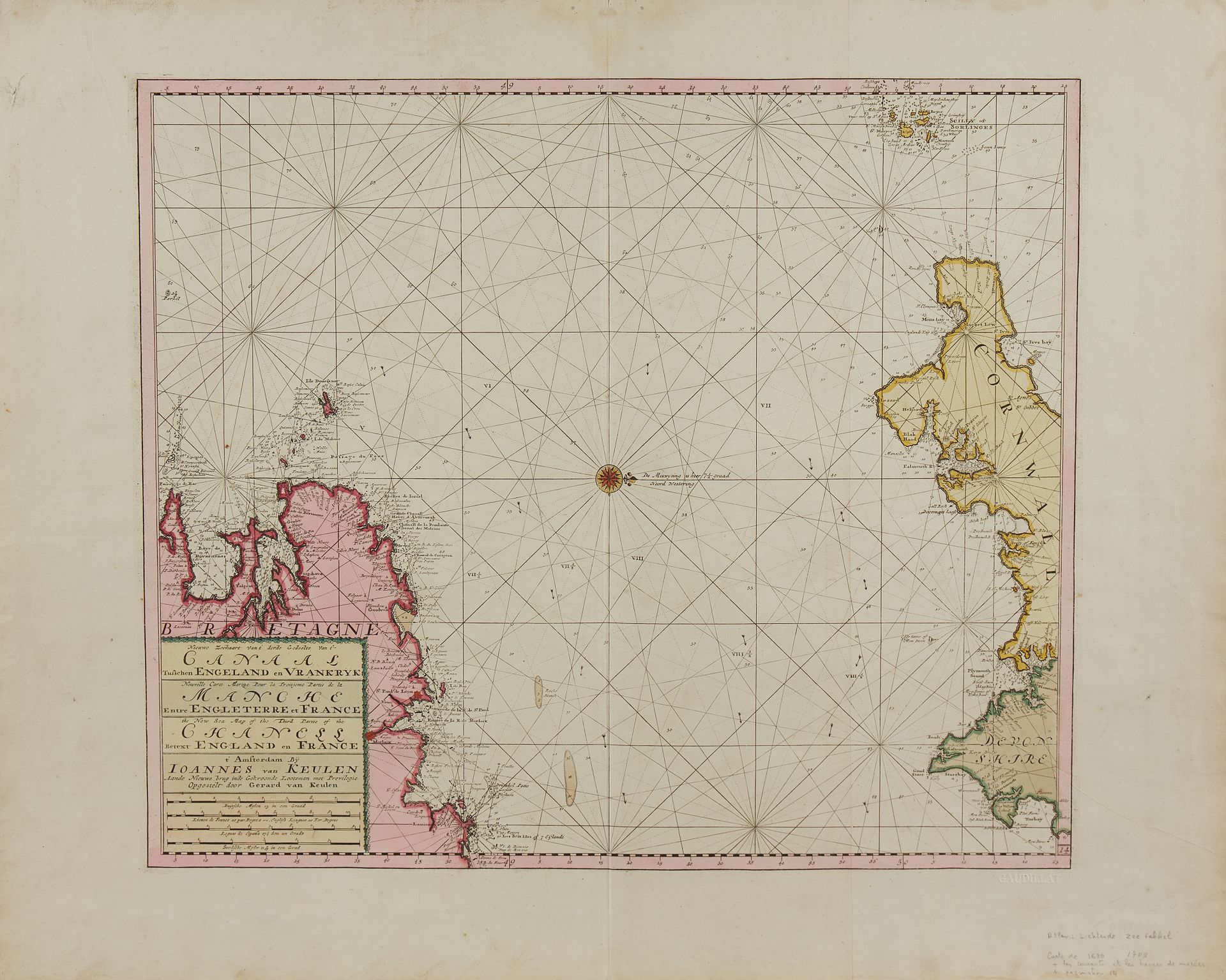 Null VAN KEULEN, J. 英法之间海峡第三部分的新海图。阿姆斯特丹，1680年。美丽的当代色彩。这是个很好的副本，用的都是当时的颜色，纸张很结实，&hellip;