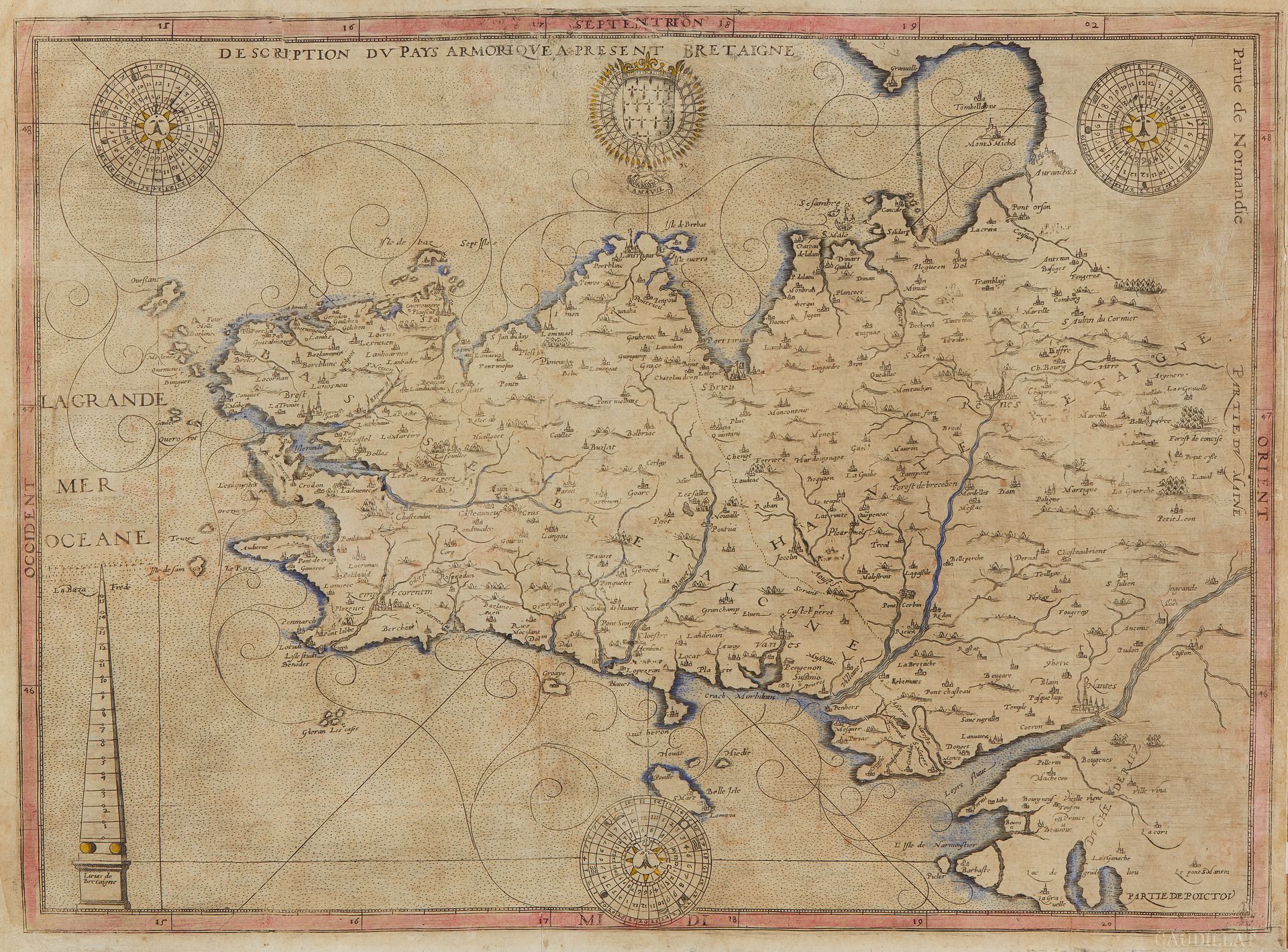 Null ARGENTRÉ（Bertrand d'）。描述国家Armorique到目前Bretaigne。巴黎，1582年。 复印件均匀地变色，洗净并粘上了。宽&hellip;