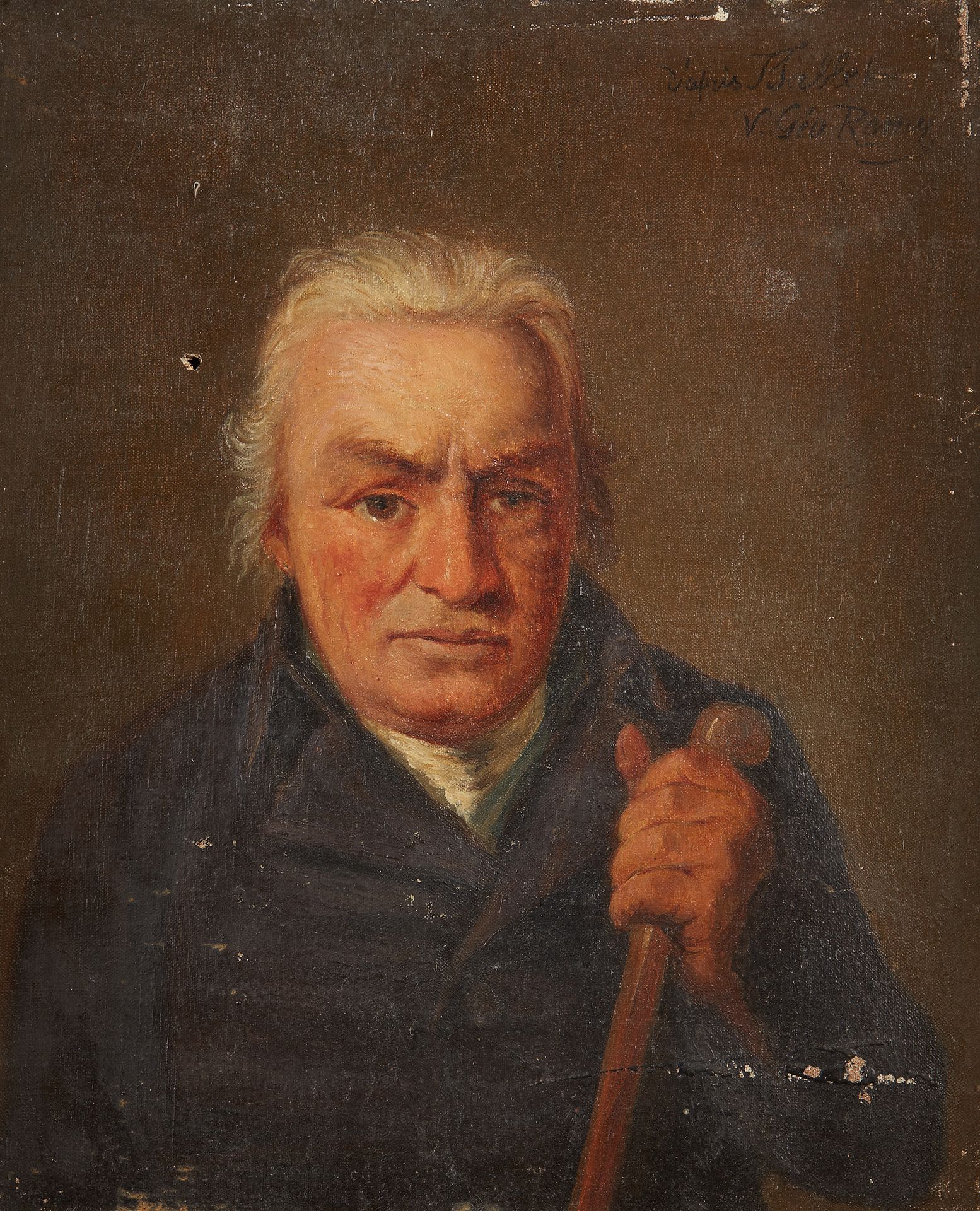 Null 19世纪法国学派，以弗朗索瓦-萨博特的名字命名

握着手杖的男子肖像

布面油画。

24 x 20厘米

(经过修饰，事故和磨损)

镀金的木头和灰&hellip;