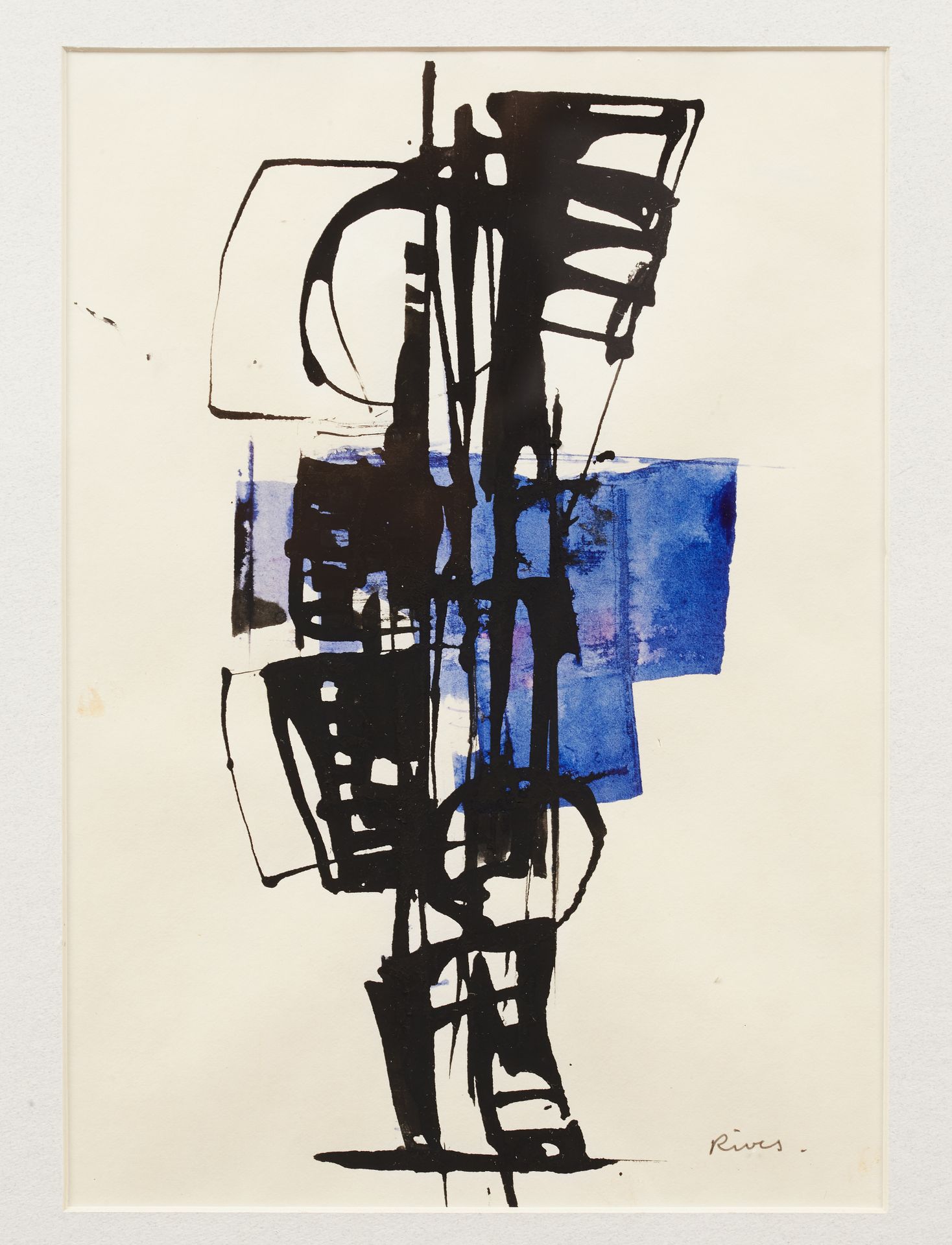 Null 让-皮埃尔-里维斯 (生于1952年)
蓝色和黑色的字符
纸上水墨，右下方有签名
25 x 18 cm (见图) 

雀斑
玻璃下