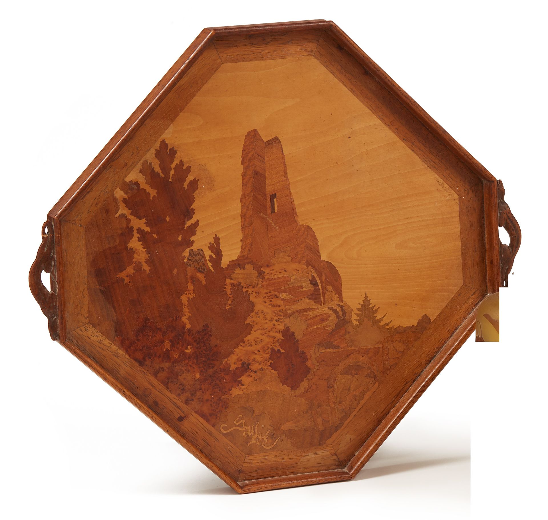 Null Emile GALLE (1846 - 1904) 
	Octagonal tray in carved molded walnut and marq&hellip;