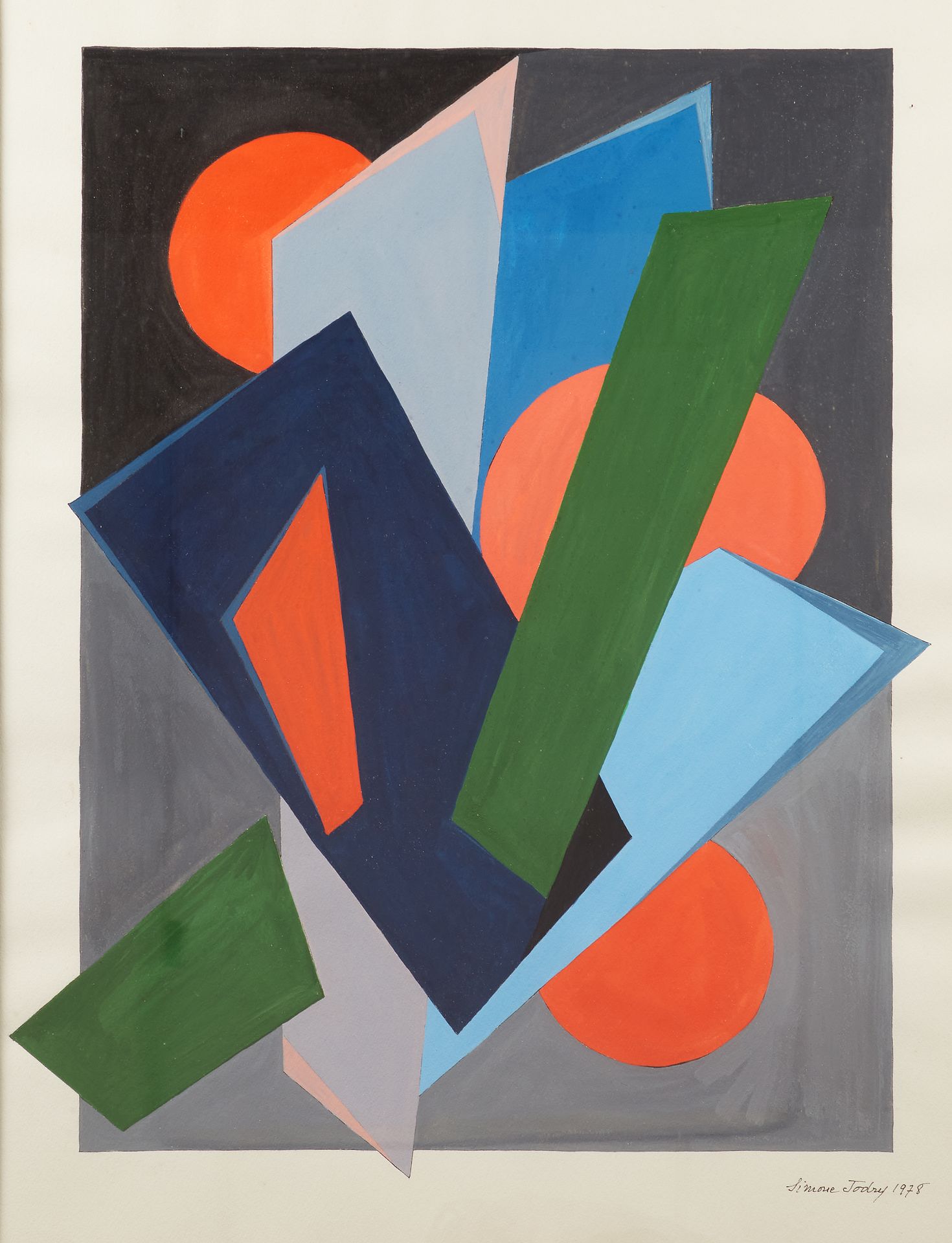 Null Simone JODRY(20世纪) 
用几何形式构成 
纸上水粉画，右下角有签名和日期，1978年 
65 x 49 cm (展出中) 
玻璃下