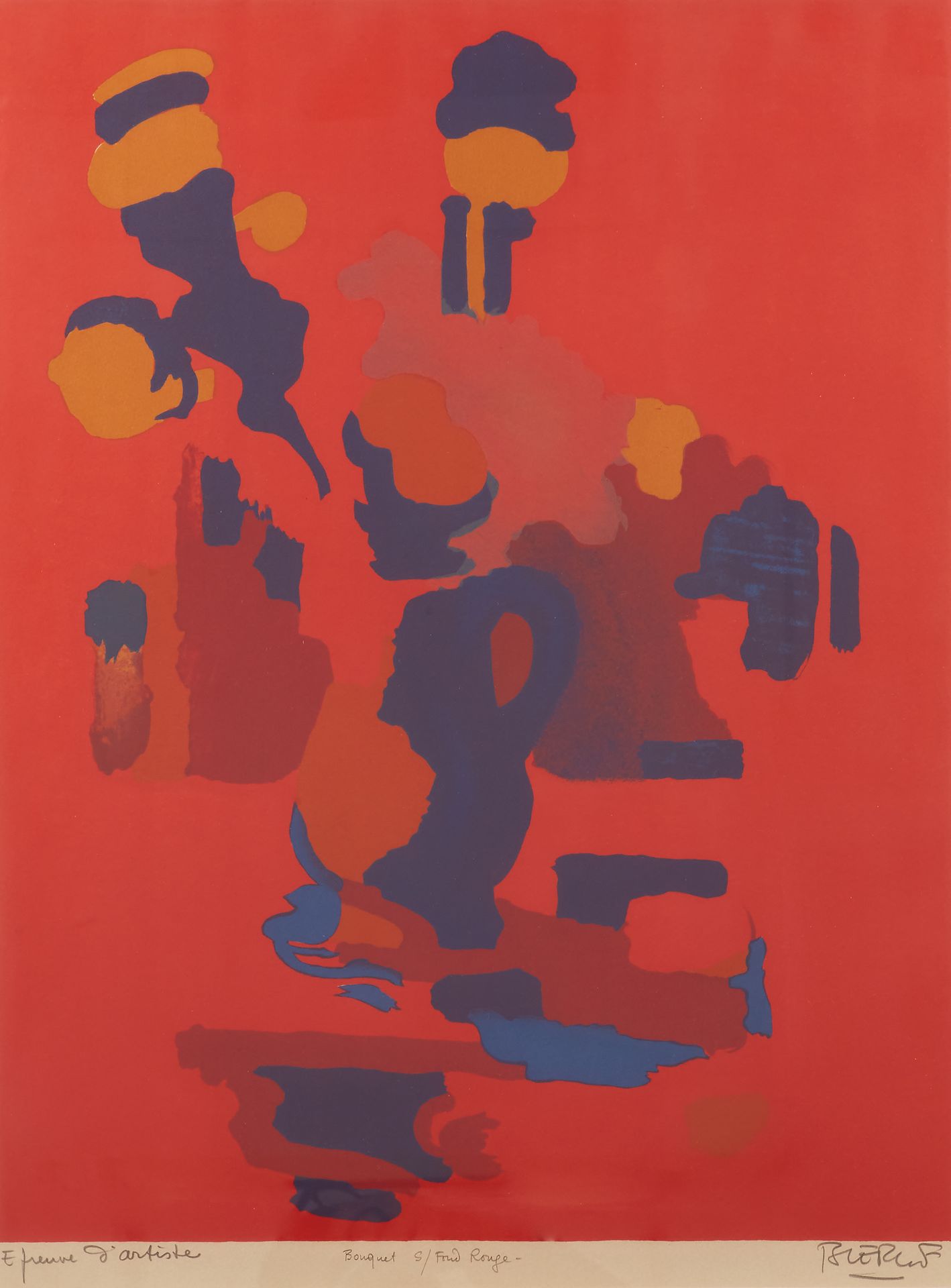 Null Roland BIERGE (1922-1991) 
Bouquet Bleu sur fond rouge, 1974
Lithographie s&hellip;