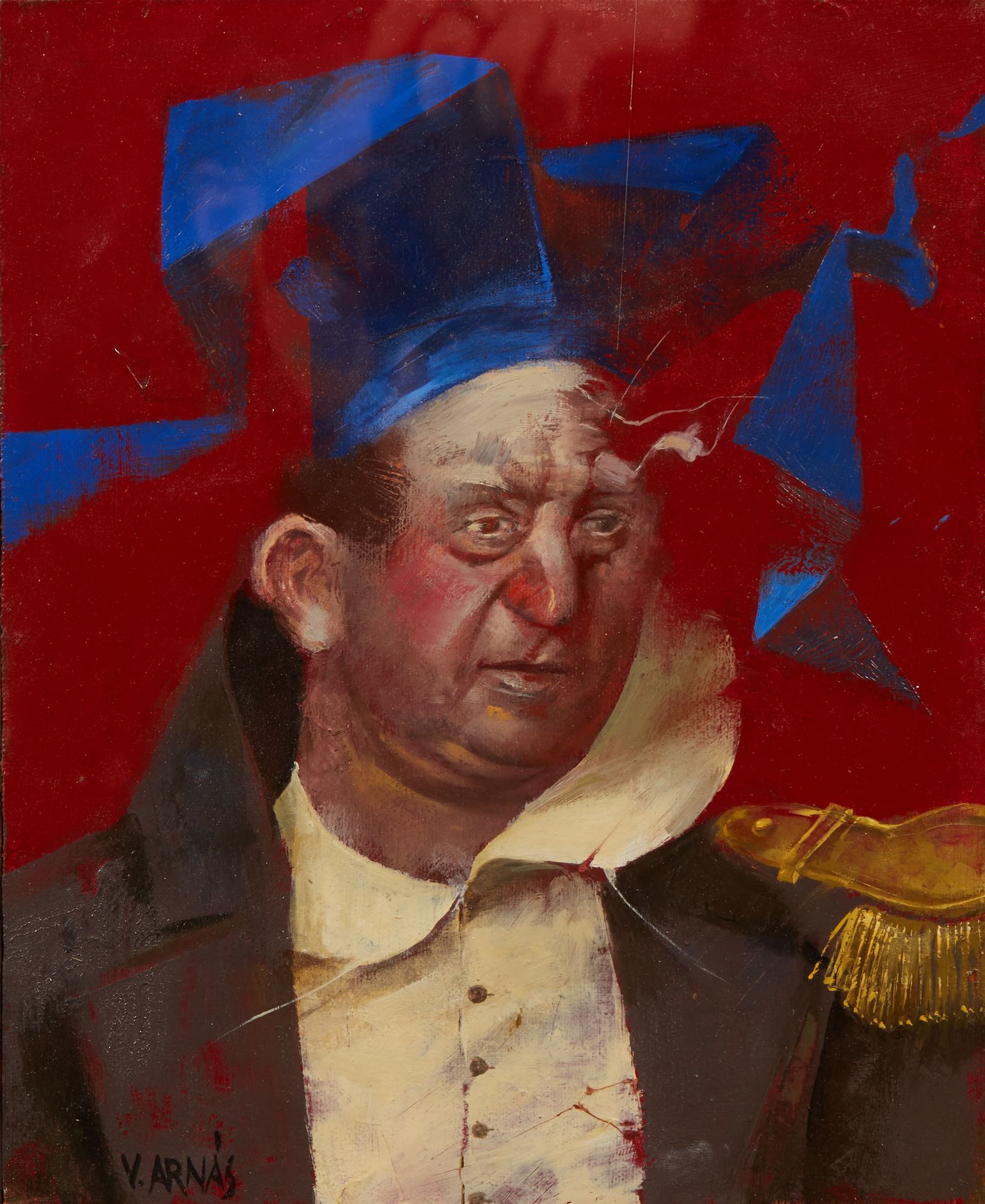 Null Vicente ARNAS LOZANO (生于1949年)
红色背景下戴着蓝色帽子的军官画像
布面油画，左下角有签名
26 x 23 cm