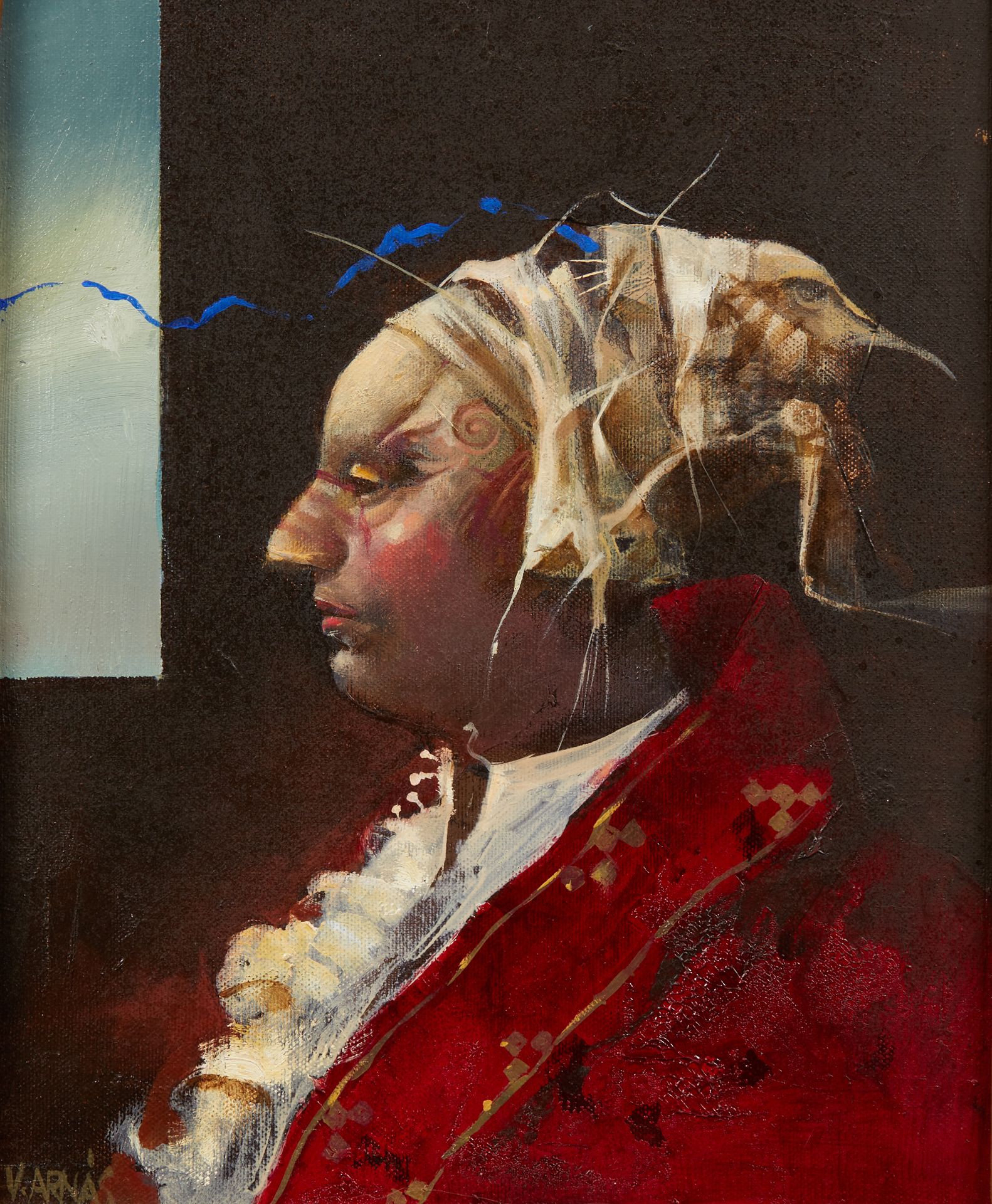 Null Vicente ARNAS LOZANO (生于1949年)
穿着红色大衣和围脖的男子的轮廓
粘贴在画板上的油画，左下方有签名 
26 x 21 厘米&hellip;