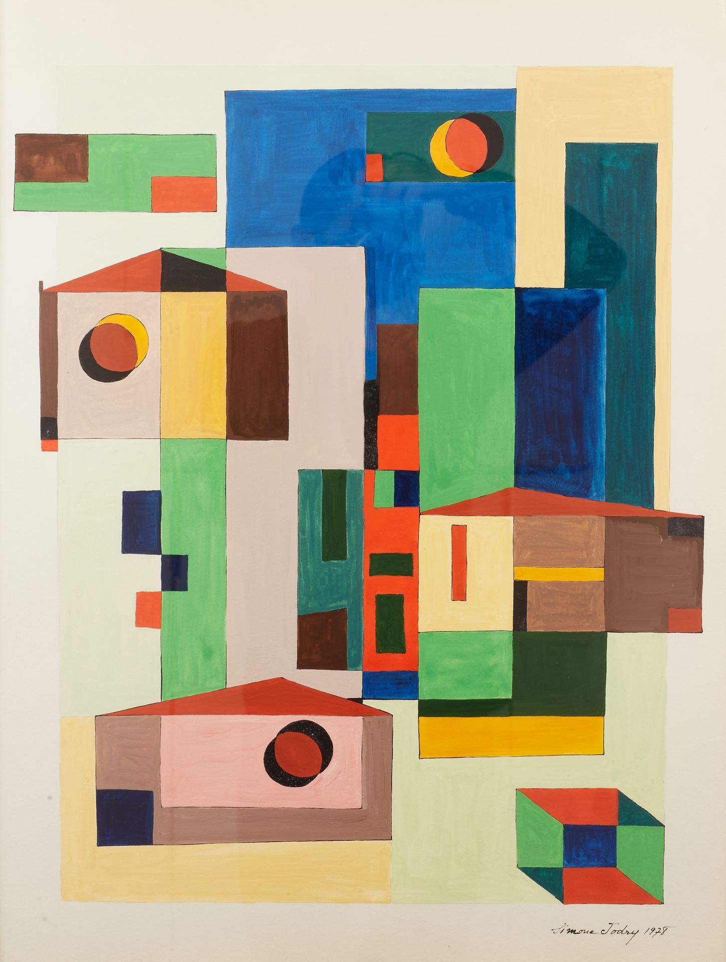 Null Simone JODRY(20世纪) 
建筑构成 
纸上水粉画，右下角有签名和日期，1978年 
65 x 49 cm (展出中) 
玻璃下