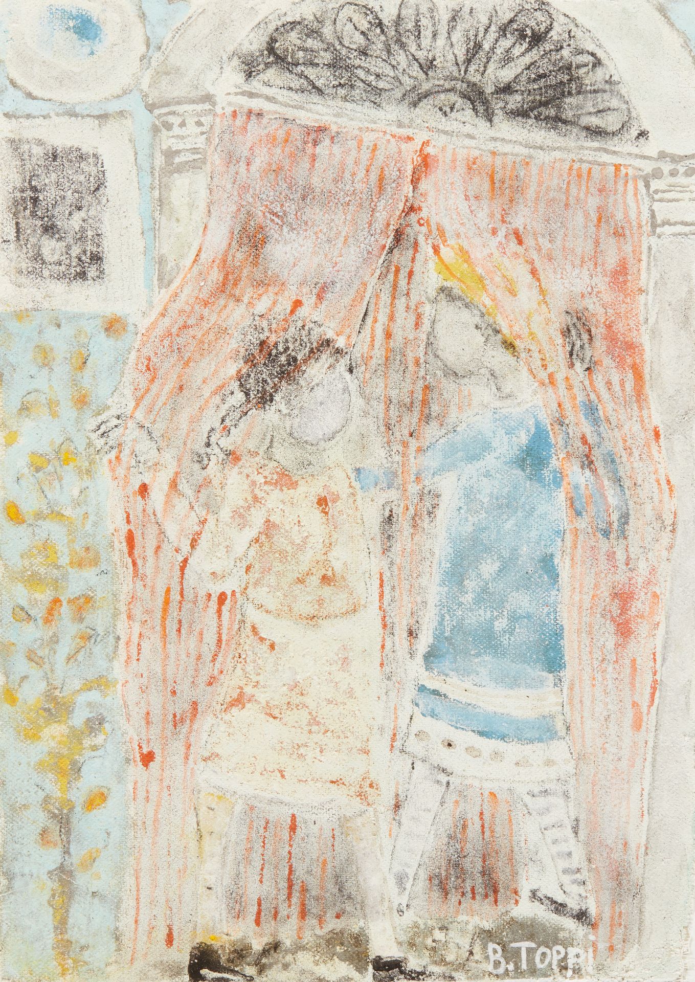 Null 贝纳迪诺-托皮（生于1936年）
粉色窗帘
粘贴在画布上的油画，右下方有签名 
39 x 31 cm