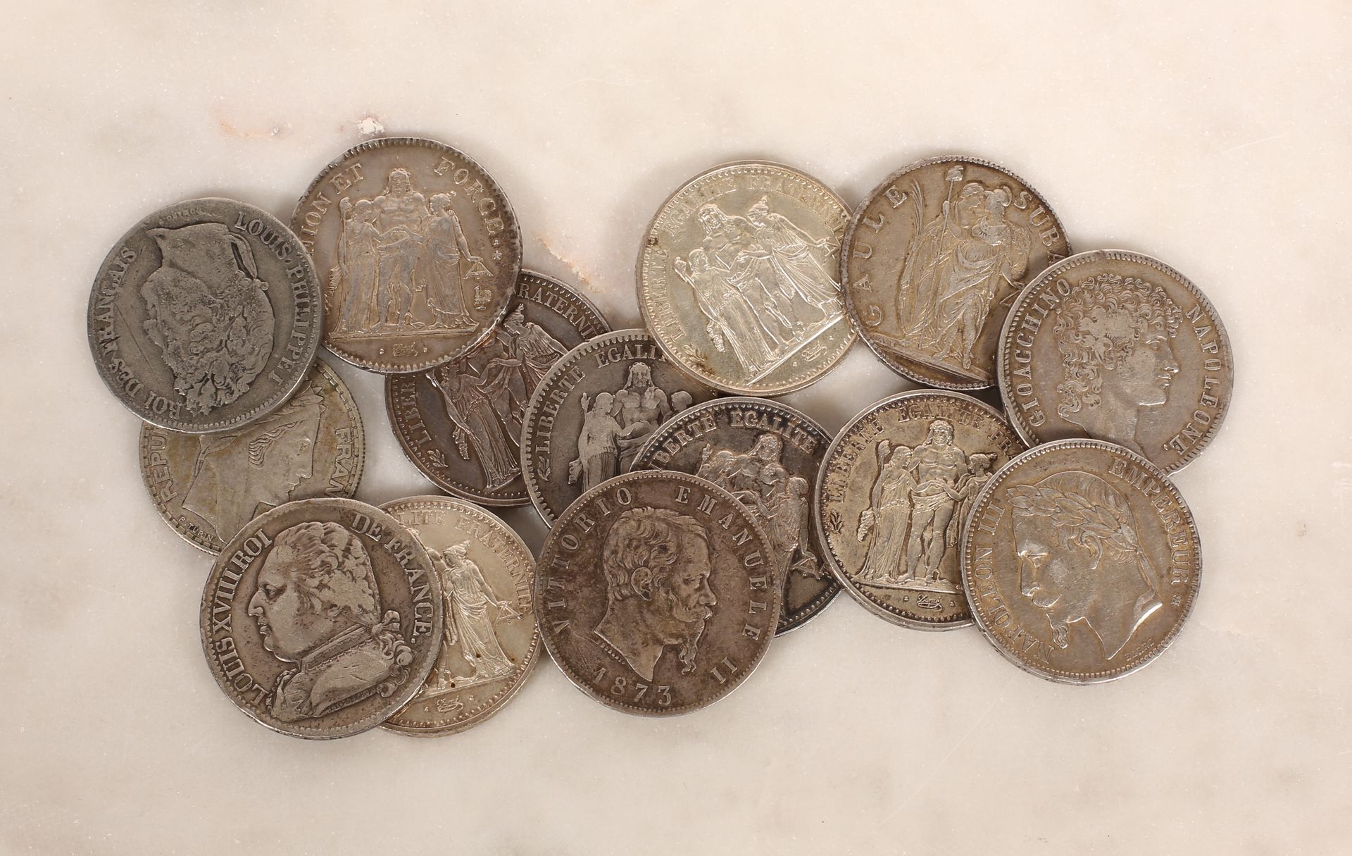Null 一批14枚银币，赫拉克勒斯，路易十八，路易-菲利普，拿破仑三世，穆拉特，维托里奥-埃马努埃莱，玛丽安，高勒-苏帕尔宾。
不同的面额。
毛重：335克
