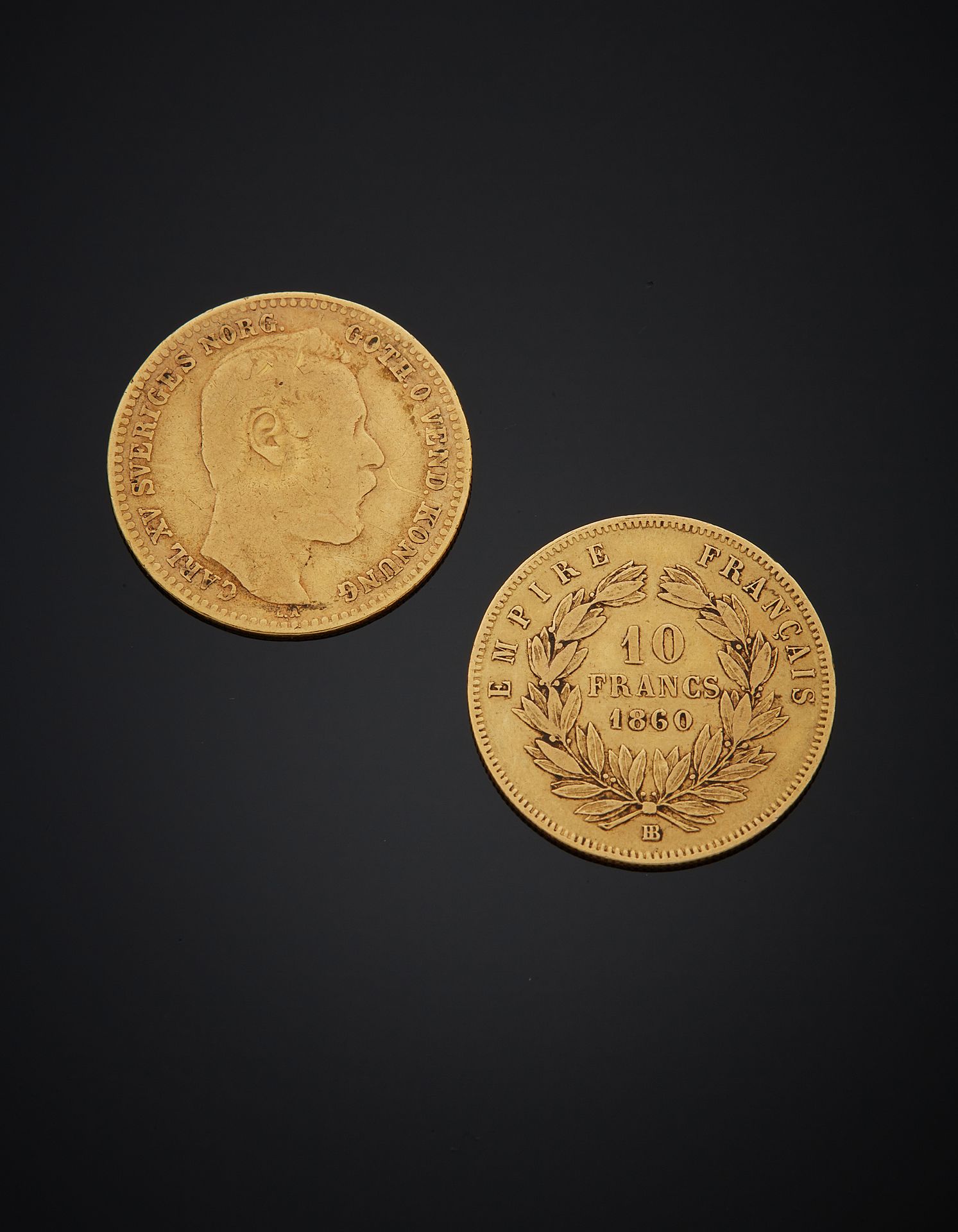 Null 拍品包括
利奥波德二世 10 法郎金币（900盎司），1877 年。
10法郎硬币，900‰金币，拿破仑三世，光头，1860年。
重量：12.70 克
