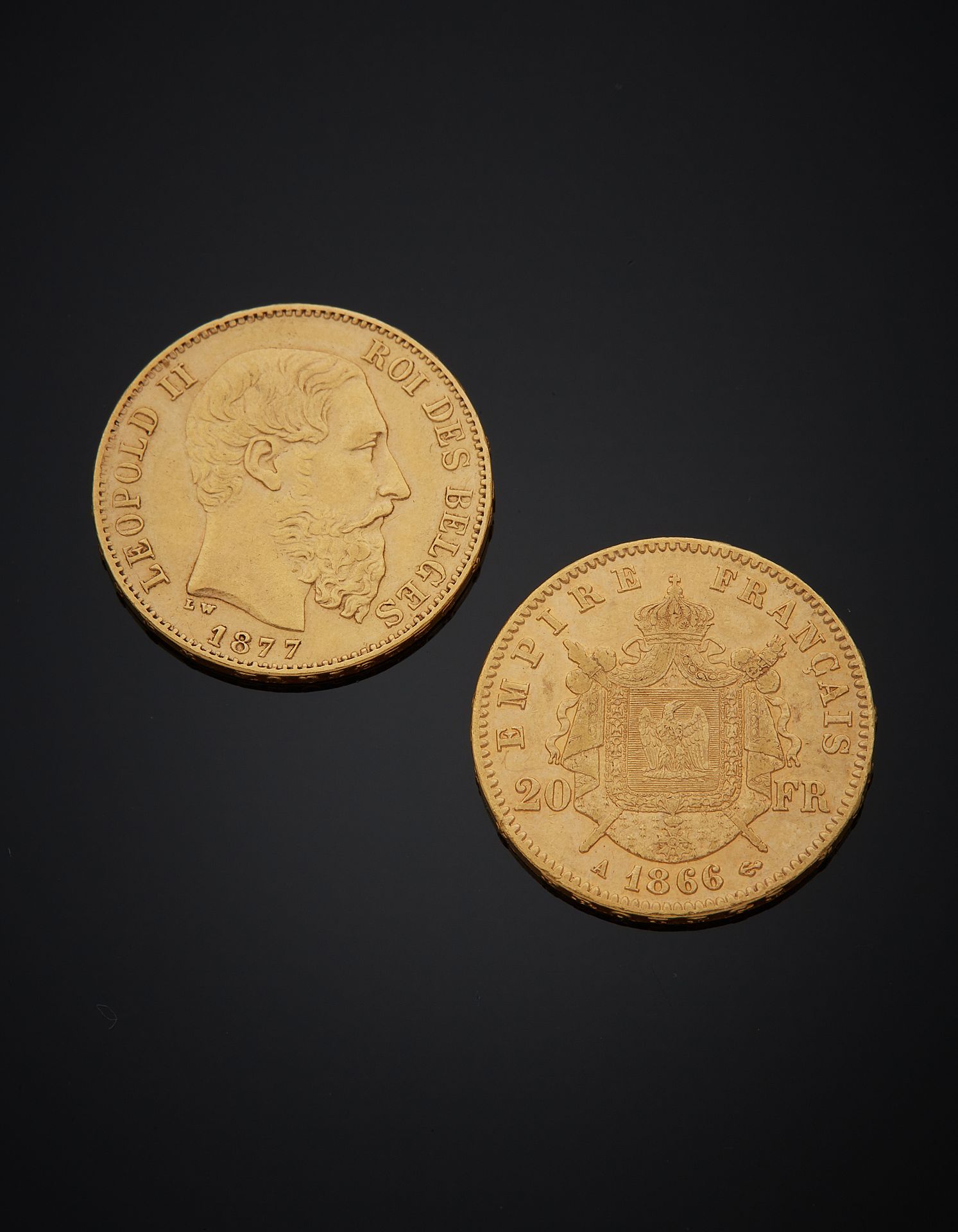 Null Lot bestehend aus:
20-Franc-Münze, Gold 900‰, Carl XV, nackter Kopf, datier&hellip;