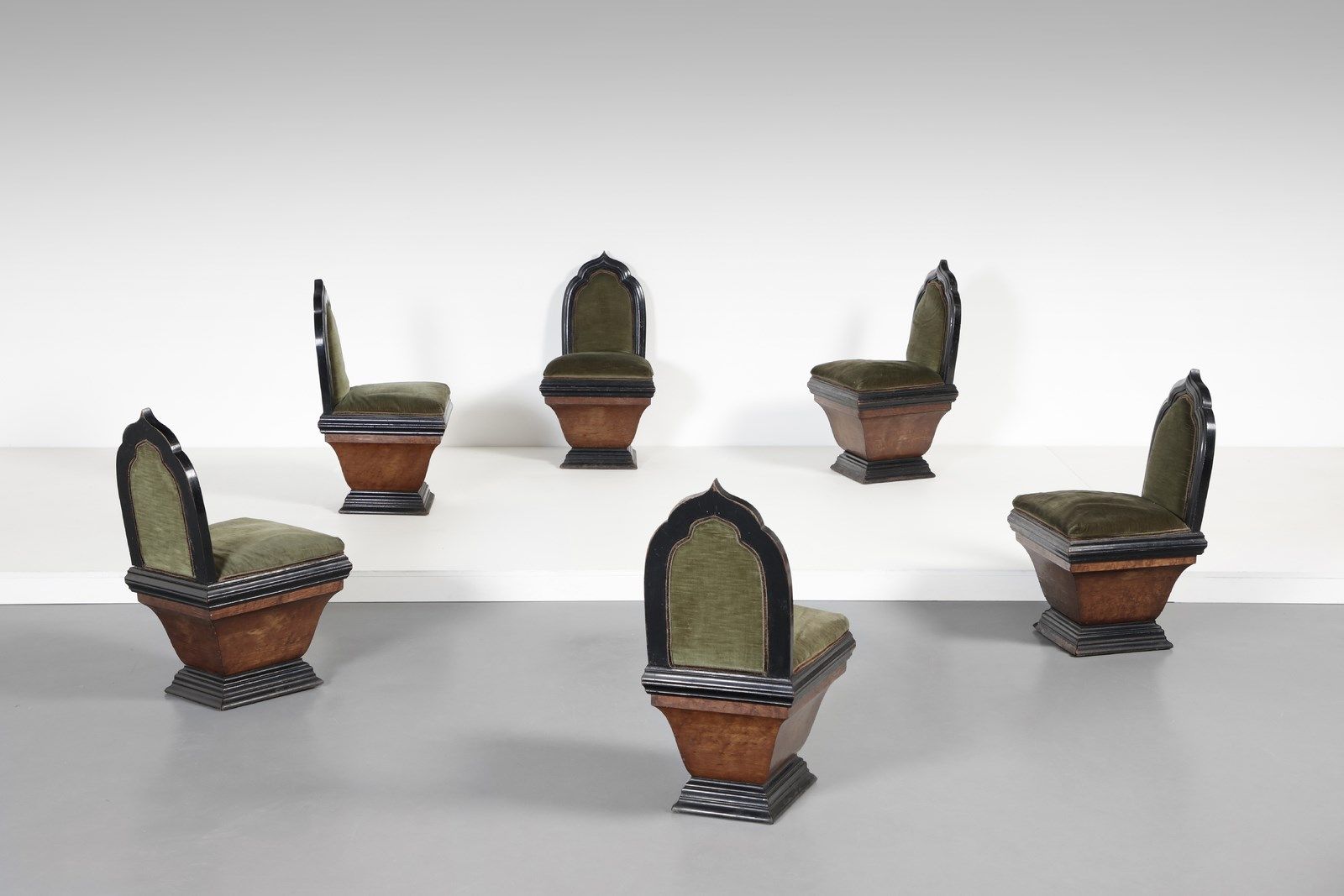 Manifattura Italiana ITALIAN WORK Six Art déco chairs, of gothic inspiration. La&hellip;