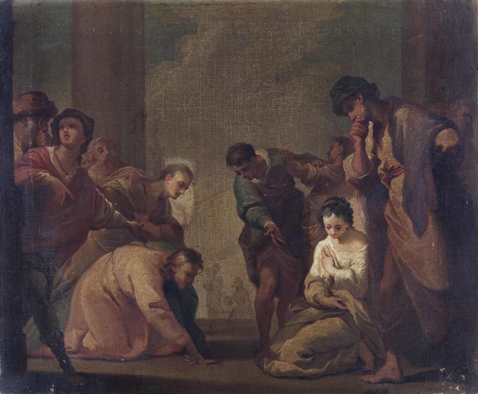UBALDO GANDOLFI Christ and the adulteress. . 基督和奸夫淫妇。.布面油画.Cm 68,00 x 57,30。背面有古&hellip;