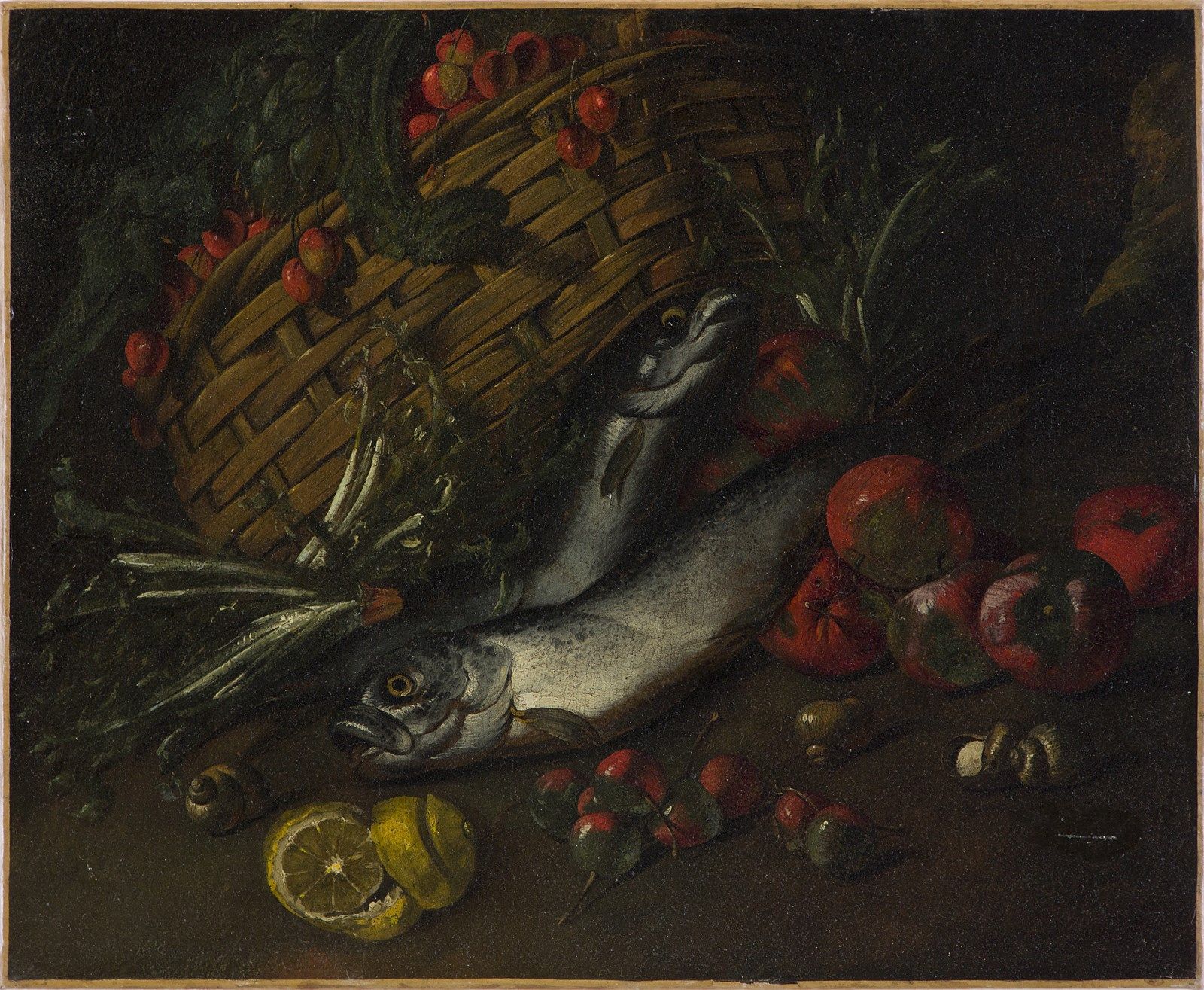 ARTISTA LOMBARDO DEL XVII SECOLO Still life with basket, fish, fruit and vegetab&hellip;