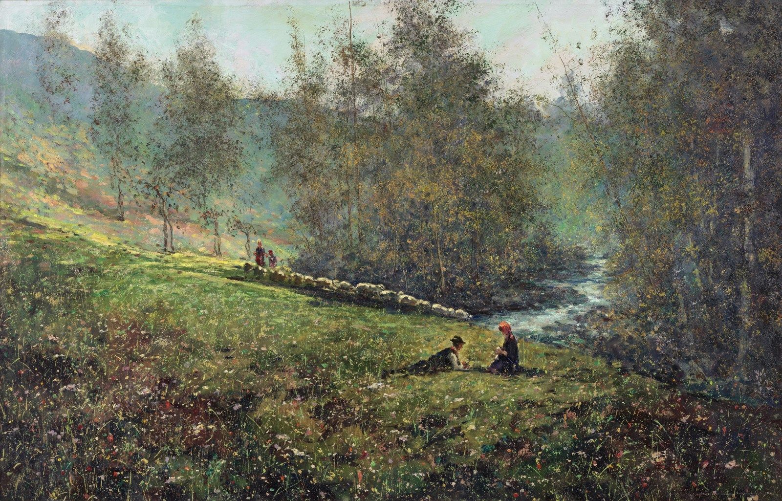 FERRUCCIO RONTINI Along the stream. 沿着溪流。布面油画.Cm 125,00 x 79,50。签名和日期：1945年，右下方。&hellip;