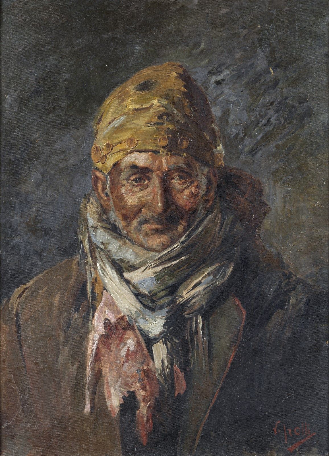 VINCENZO IROLLI Portrait of old man. 老人的画像。布面油画.Cm 65,00 x 47,00。签名右下方。在背面有签名的痕迹&hellip;