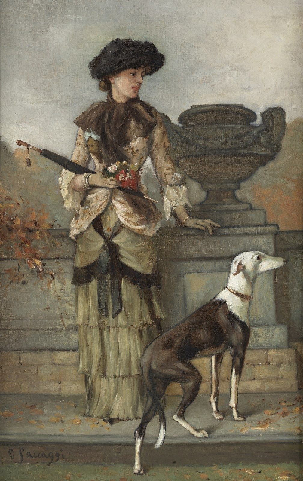 CESARE SACCAGGI Portrait of a gentlewoman with dog. Portrait d'une dame avec un &hellip;