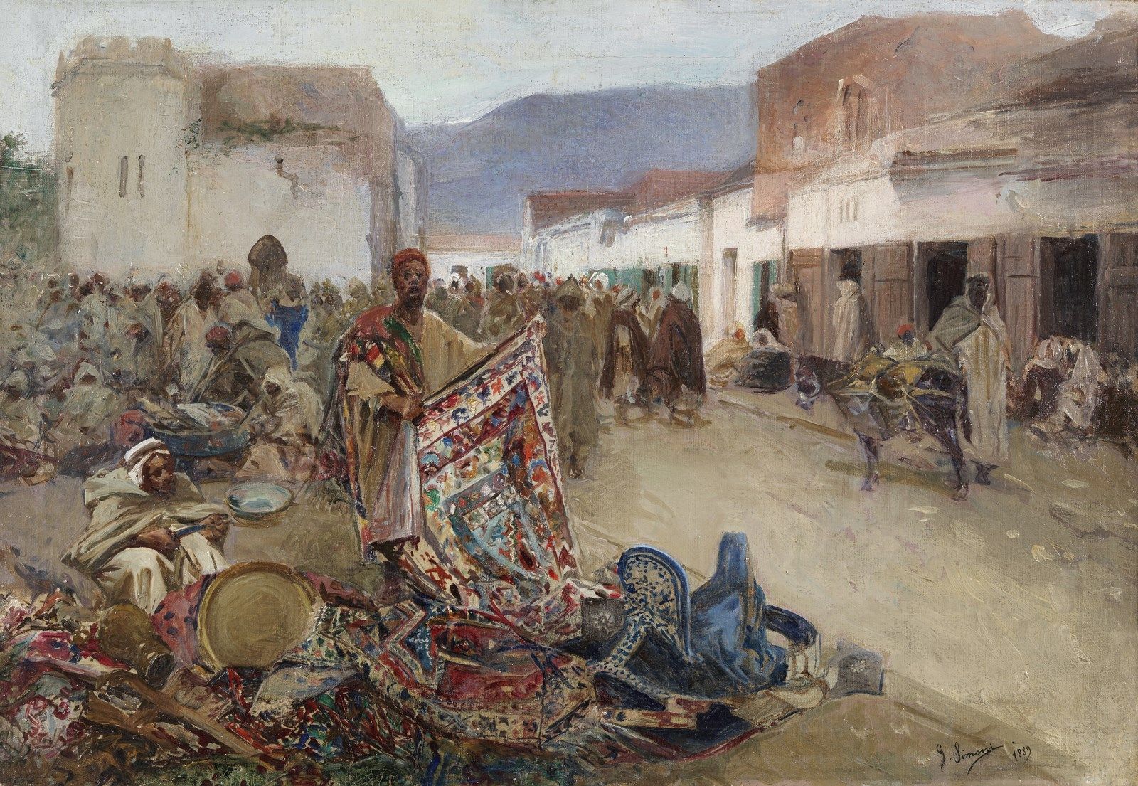 GUSTAVO SIMONI Arab market. 阿拉伯市场。布面油画.Cm 57,00 x 88,50。右下方有签名和日期1899。框架存在