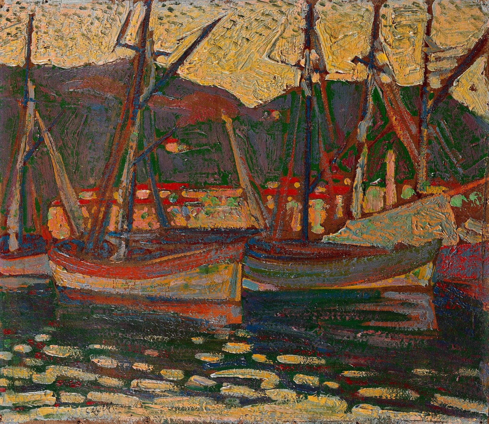 GIUSEPPE CASELLI Seascape with boats. 有船的海景。油压板上的油画。Cm 20,00 x 17,00。左下角签名。