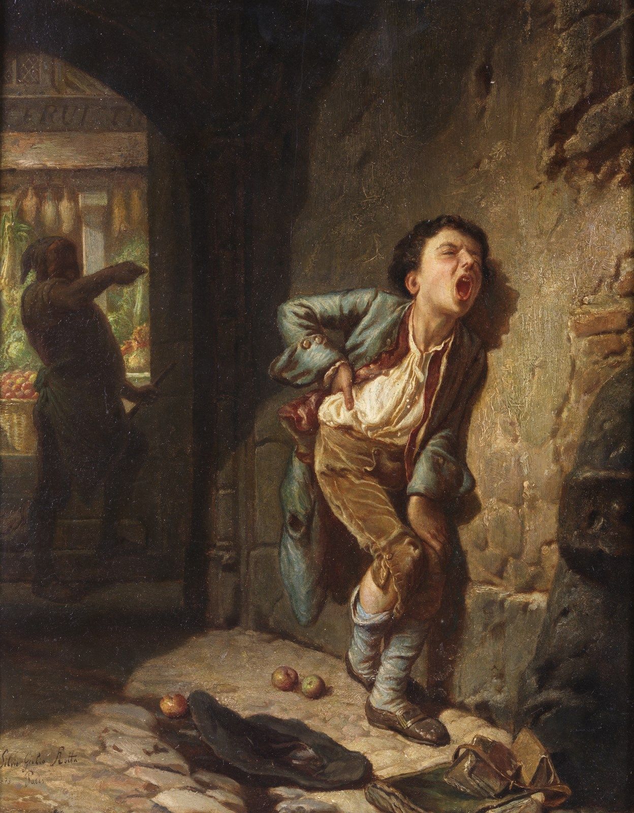 SILVIO GIULIO ROTTA The apple thief. 苹果窃贼。板上油彩。Cm 36,00 x 46,00。签名和日期为1873年左下方。框&hellip;
