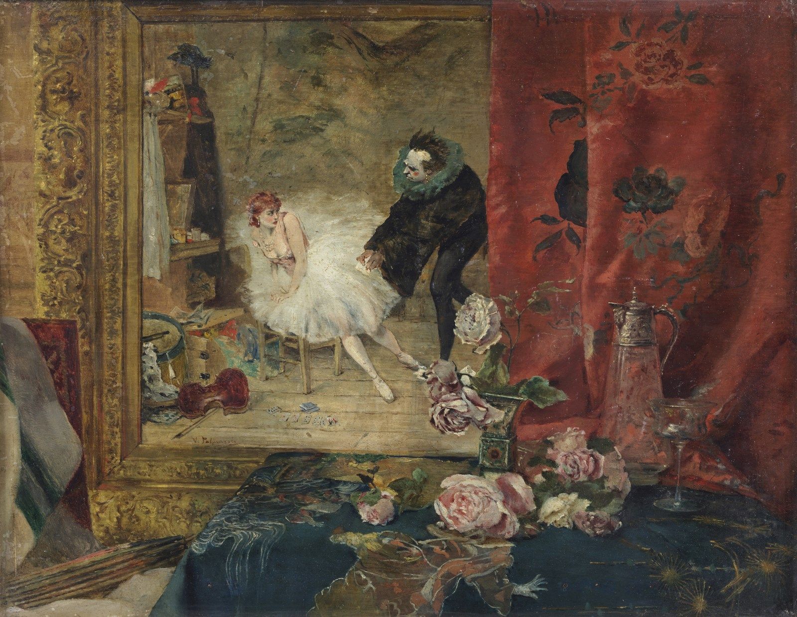 VICENTE PALMAROLI Y GONZALES The Clown and the dancer. 小丑和舞者。板上油彩。Cm 35,00 x 27,&hellip;