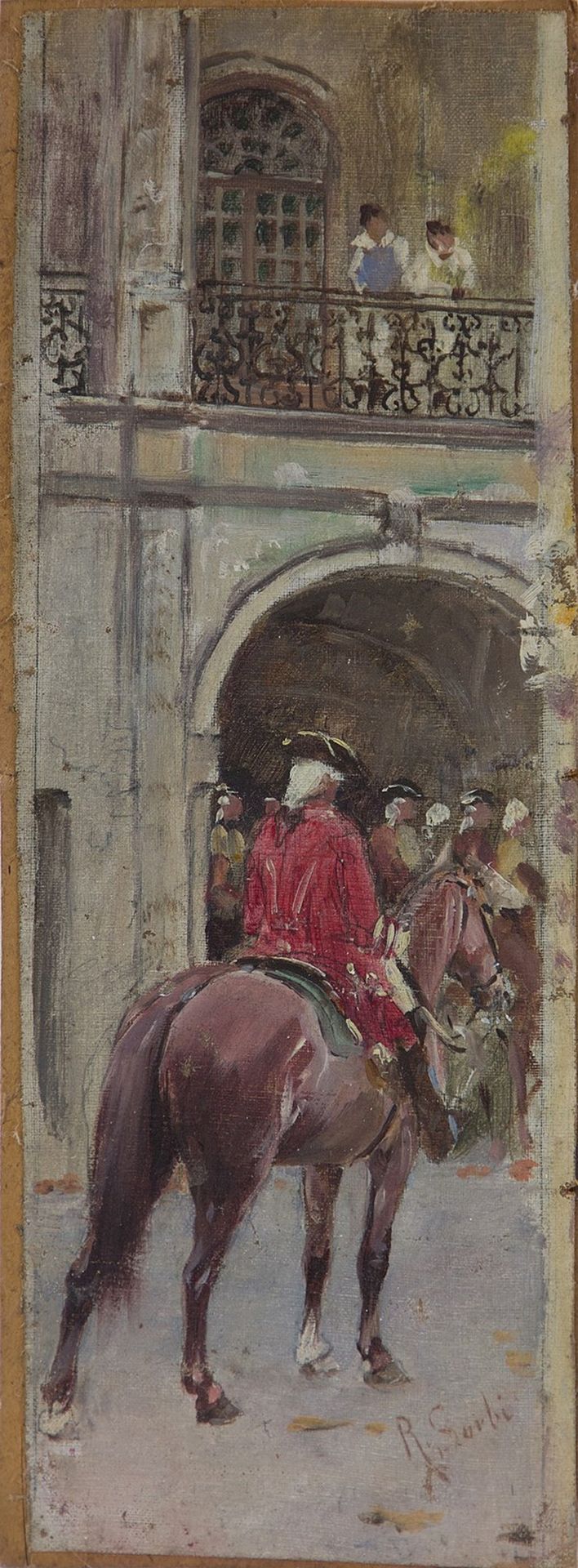 RAFFAELLO SORBI Landscape with soldiers on horseback. 景观与马背上的士兵。画板上的油画。厘米11,00 x&hellip;