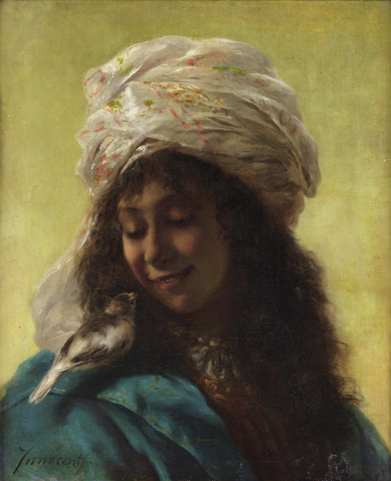 CAMILLO INNOCENTI Portrait of a commoner woman. . 一个平民妇女的肖像。布面油画.Cm 38,00 x 47,0&hellip;