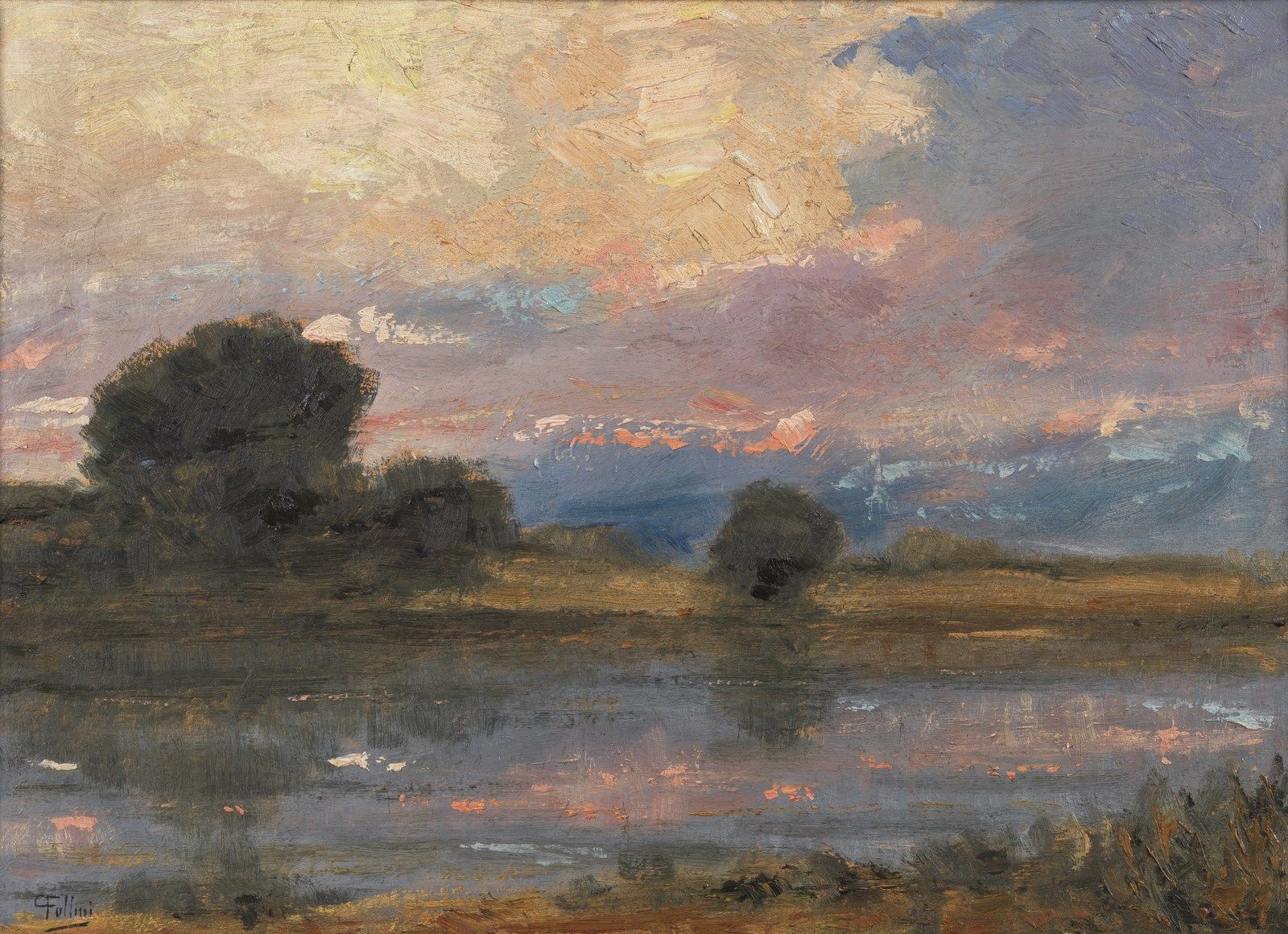 CARLO FOLLINI Sunset landscape. 日落景观。布面油画.Cm 40,00 x 30,00。左下角签名。框架存在