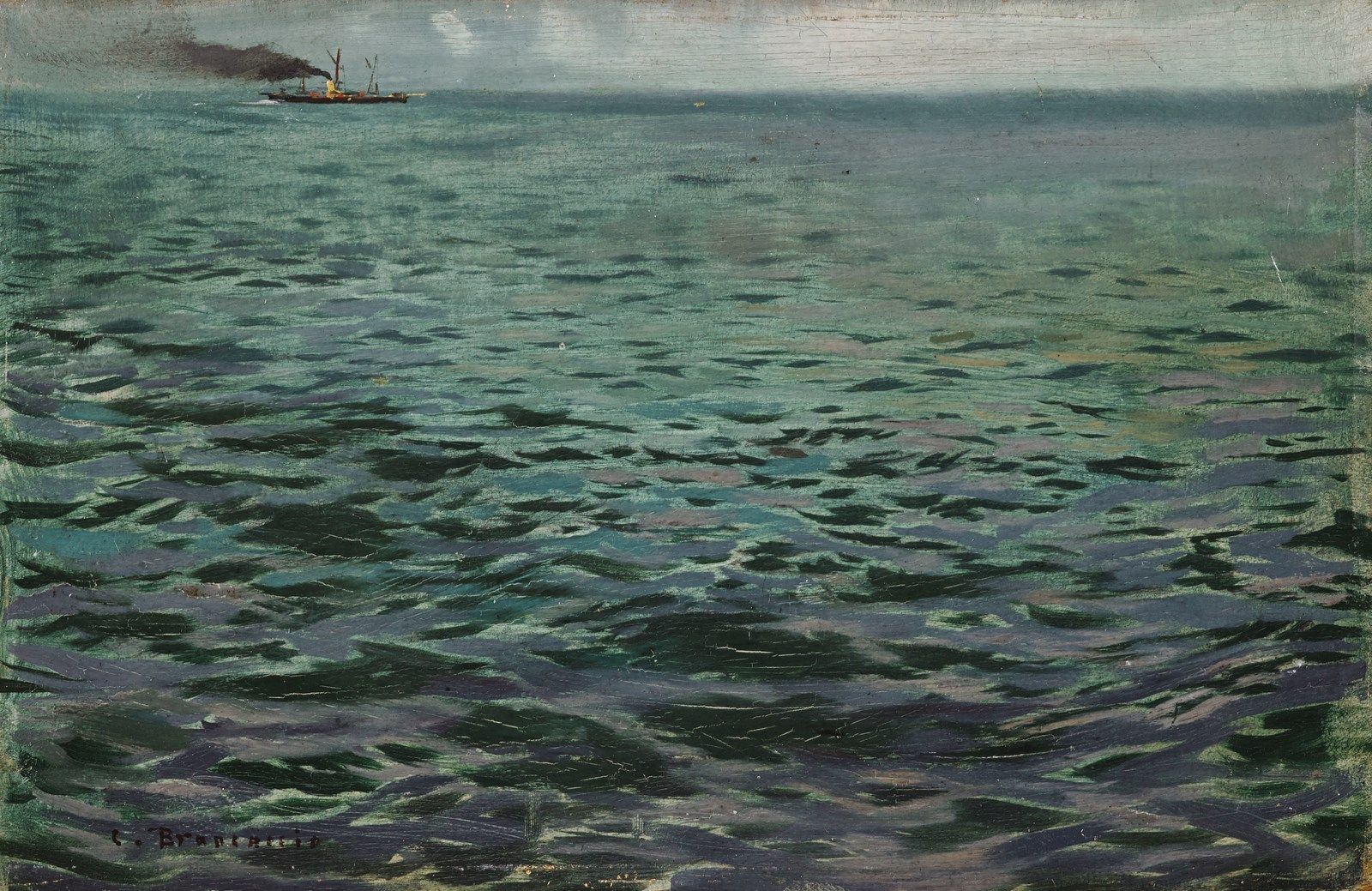 CARLO BRANCACCIO Seascape with boat. 有船的海景。板上油彩。Cm 23,00 x 16,00。左下角签名。在背面有艺术家的印&hellip;