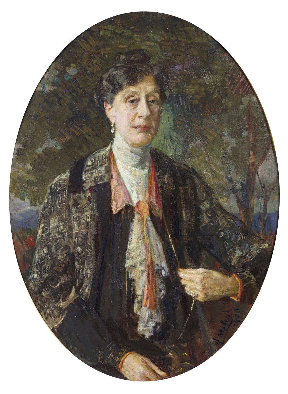 ALESSANDRO MILESI Portrait of a lady. 一位女士的画像。椭圆形画布上的油画。Cm 72,00 x 98,00。右下方和背面有&hellip;