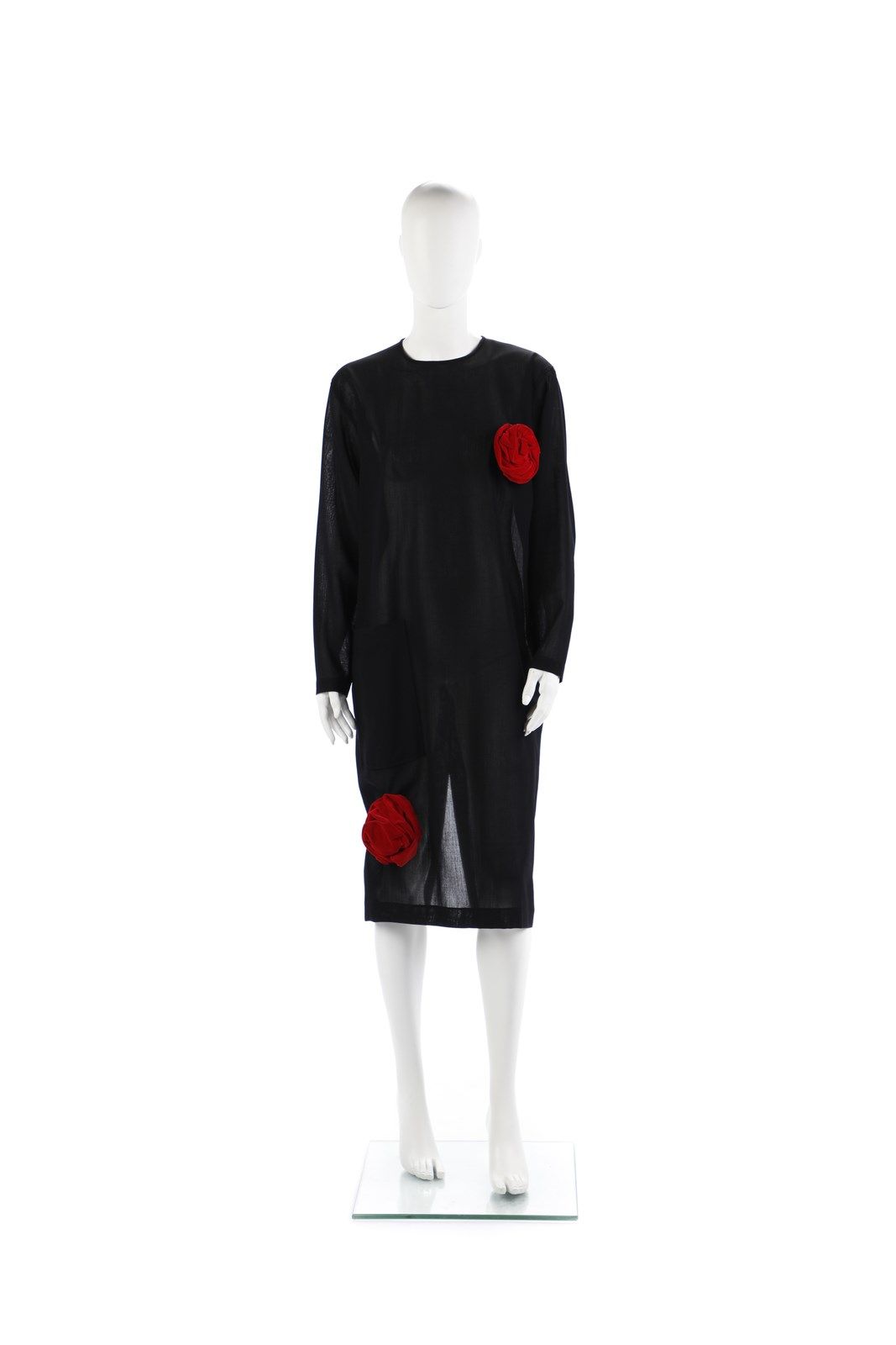 CINZIA RUGGERI Long black dress with red rose appliqué in velvet. Size 42IT. Cer&hellip;