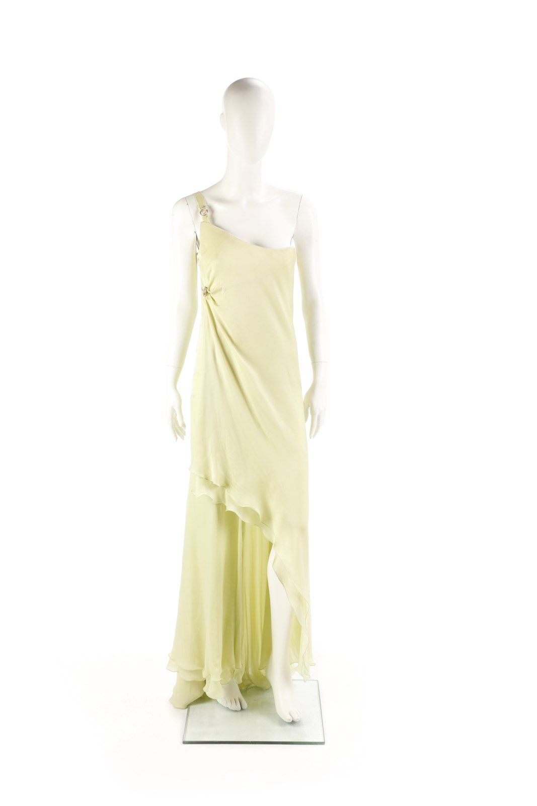 GIANNI VERSACE Pastel green dress, one shoulder with medusa buttons and padded b&hellip;