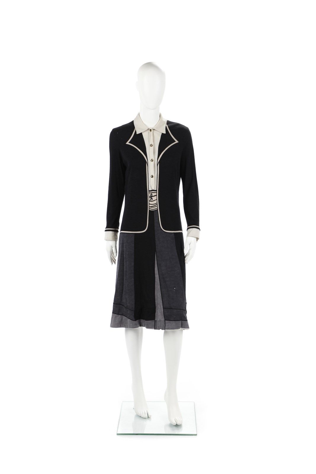 ROBERTA DI CAMERINO Black longuette dress with trompe l'oeil white and black pri&hellip;