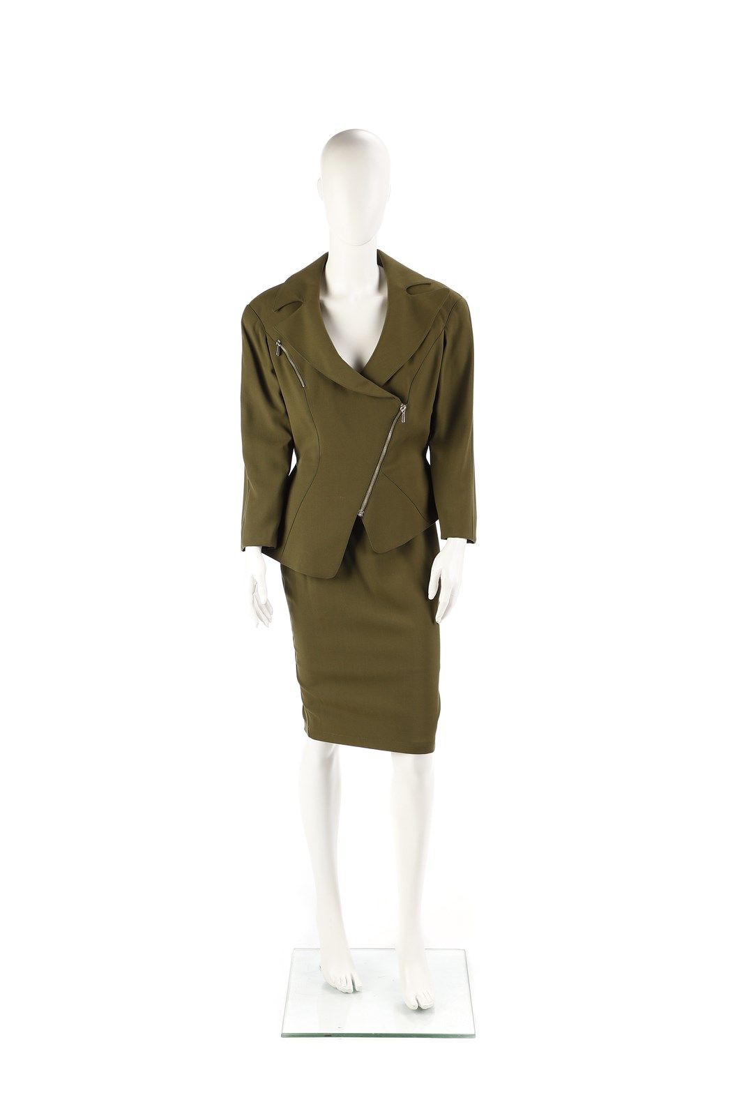 THIERRY MUGLER Military green suit jacket with diagonal zip closure and longuett&hellip;