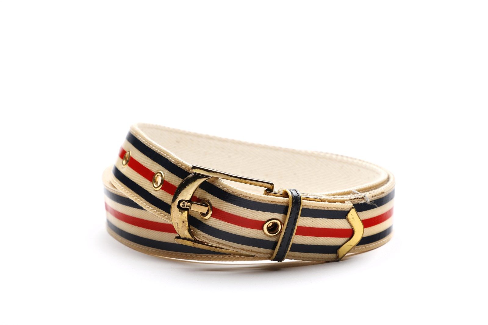 AUTORE NON IDENTIFICATO Plasticized canvas belt (cream, red and blue) with golde&hellip;