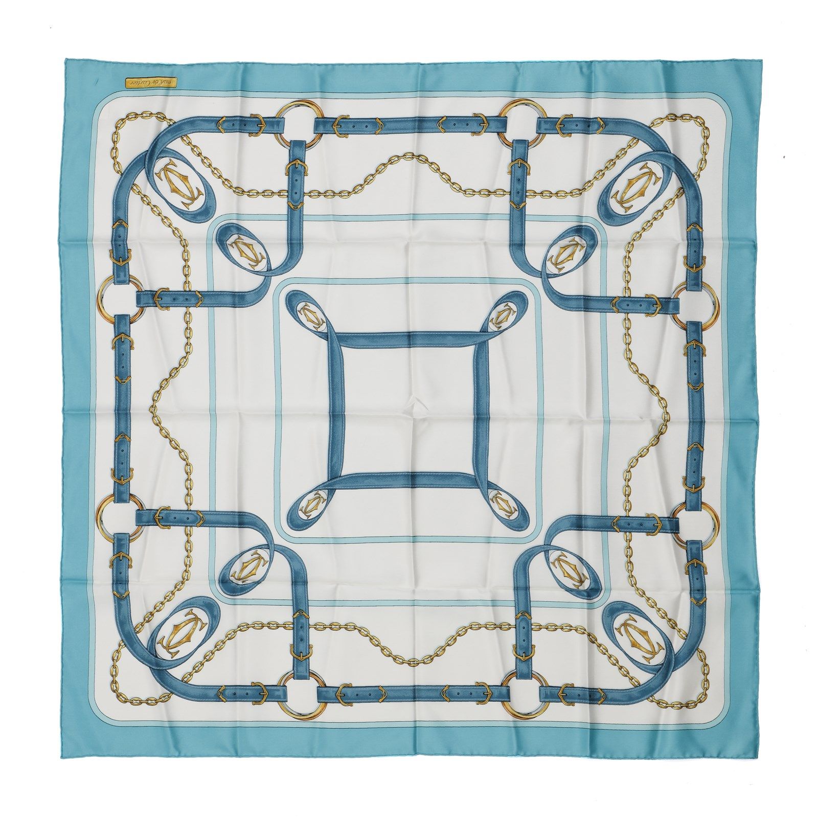 CARTIER Silk foulard with prints in shades of blue and aquamarine on a white bas&hellip;