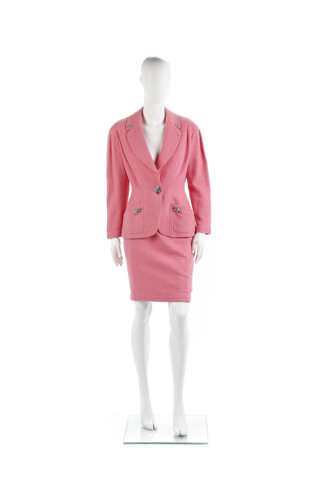 THIERRY MUGLER Suit consisting of pink cotton jacket and skirt, jewel buttons. S&hellip;
