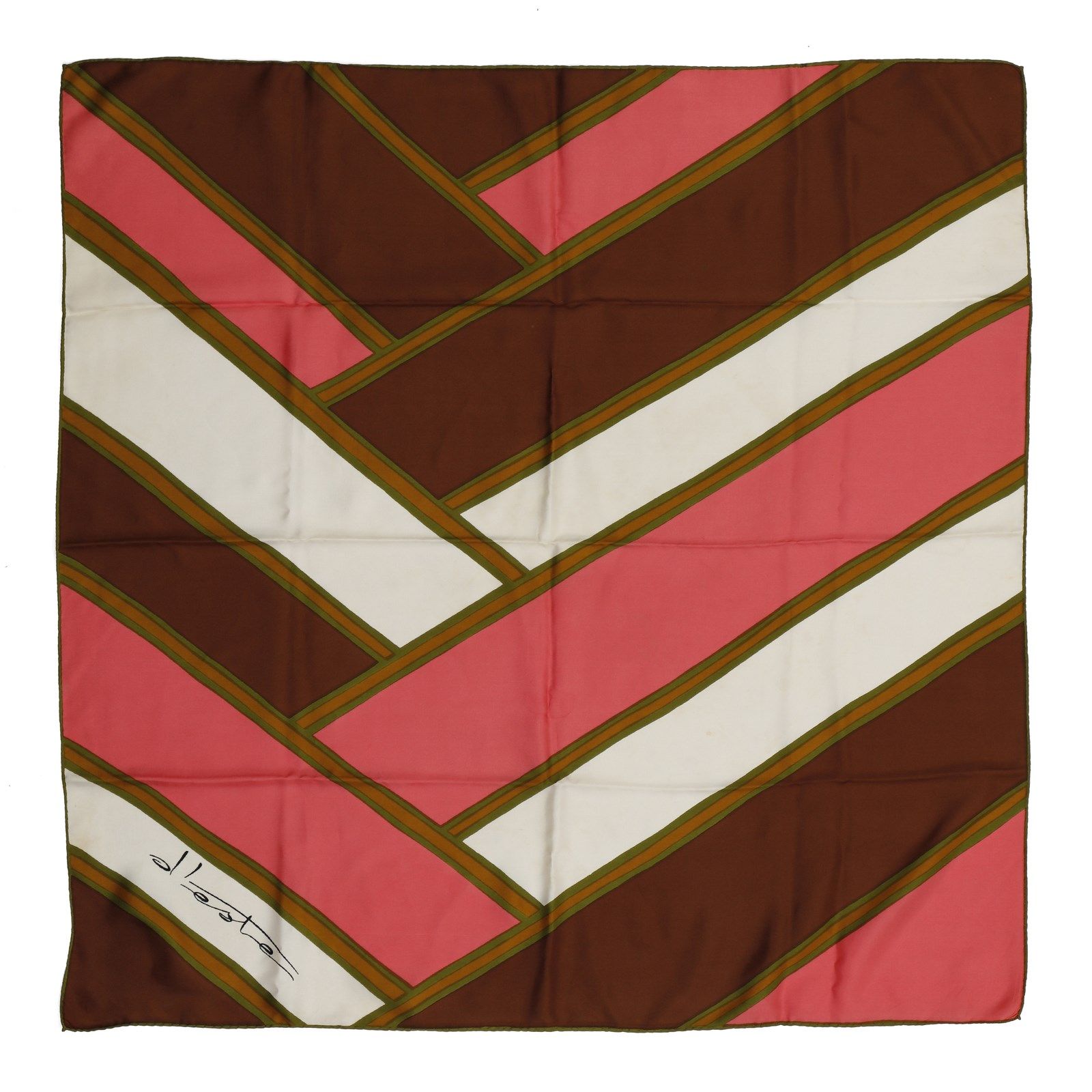MARINA D'ESTE Multicolored silk scarf (brown, pink, green, mustard and white). S&hellip;