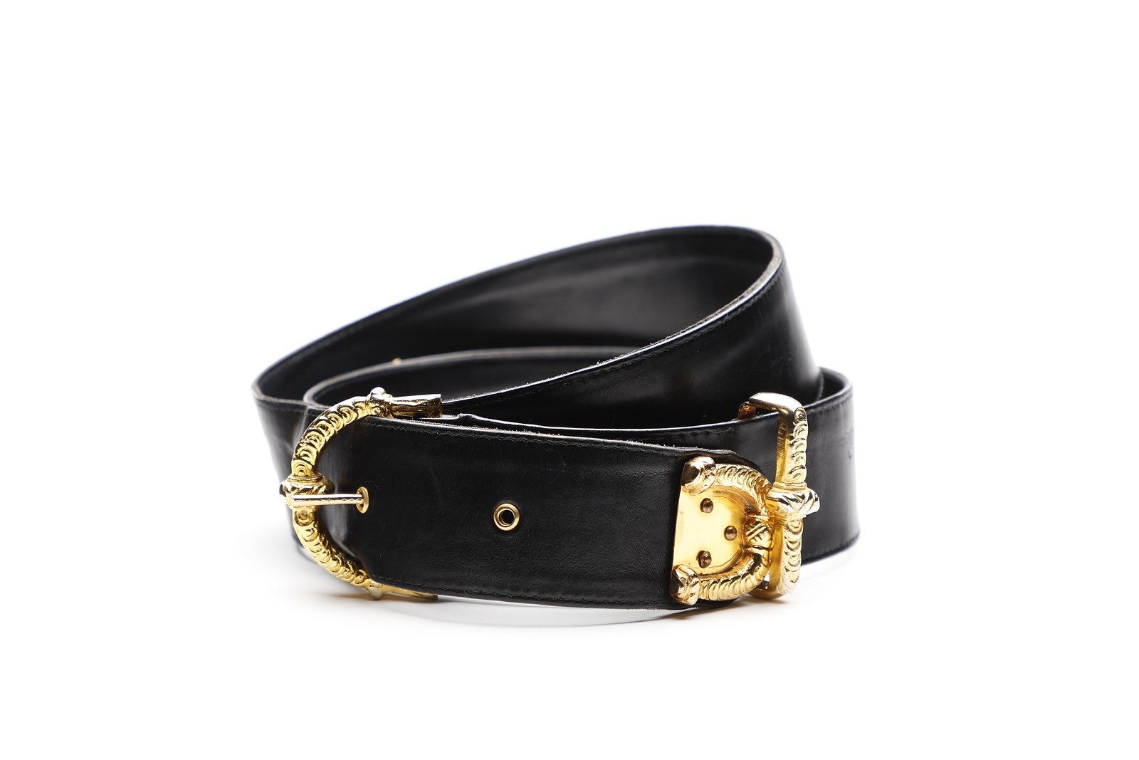 ROBERTA DI CAMERINO Black leather belt with buckle and gold-colored metallic fin&hellip;