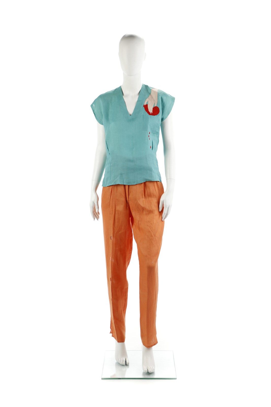 CINZIA RUGGERI Orange linen trouser suit with belt and aqua green shirt, v-neck,&hellip;
