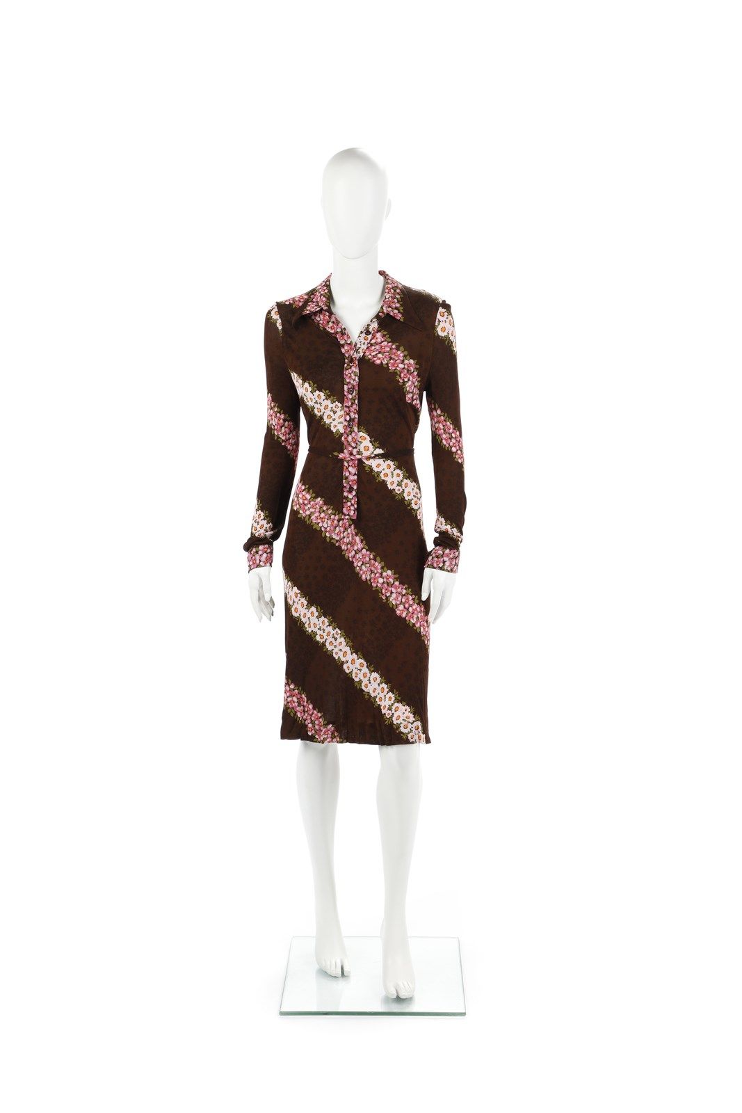 DEI MATTIOLI Dress with floral print on a brown background with neckline and bel&hellip;