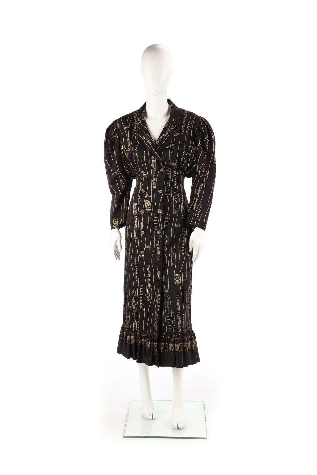 ZANDRA RHODES Black long-sleeved dress with collar and printed in gold with ethn&hellip;