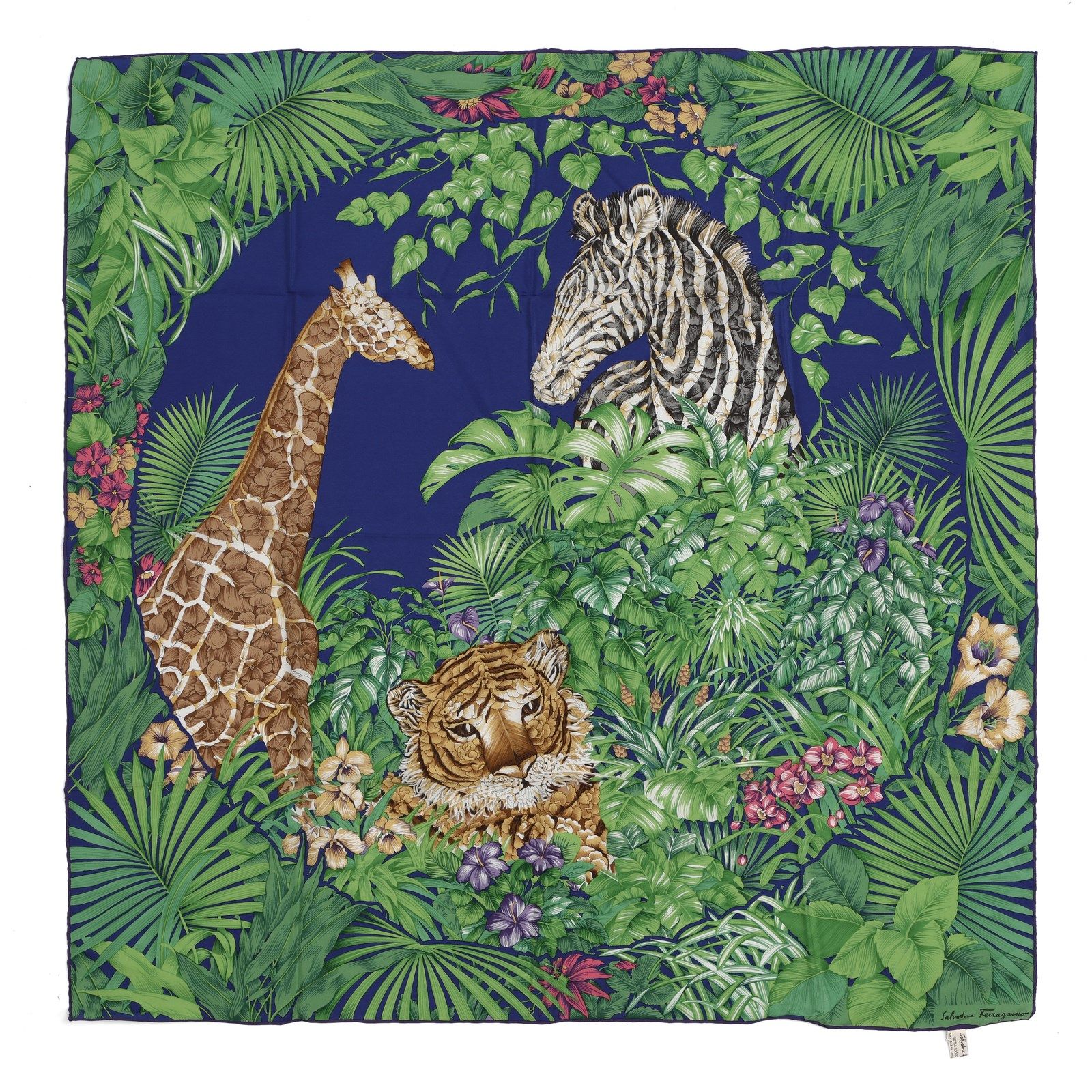 SALVATORE FERRAGAMO Silk foulard. Tiger, giraffe and zebra on a blue background.&hellip;