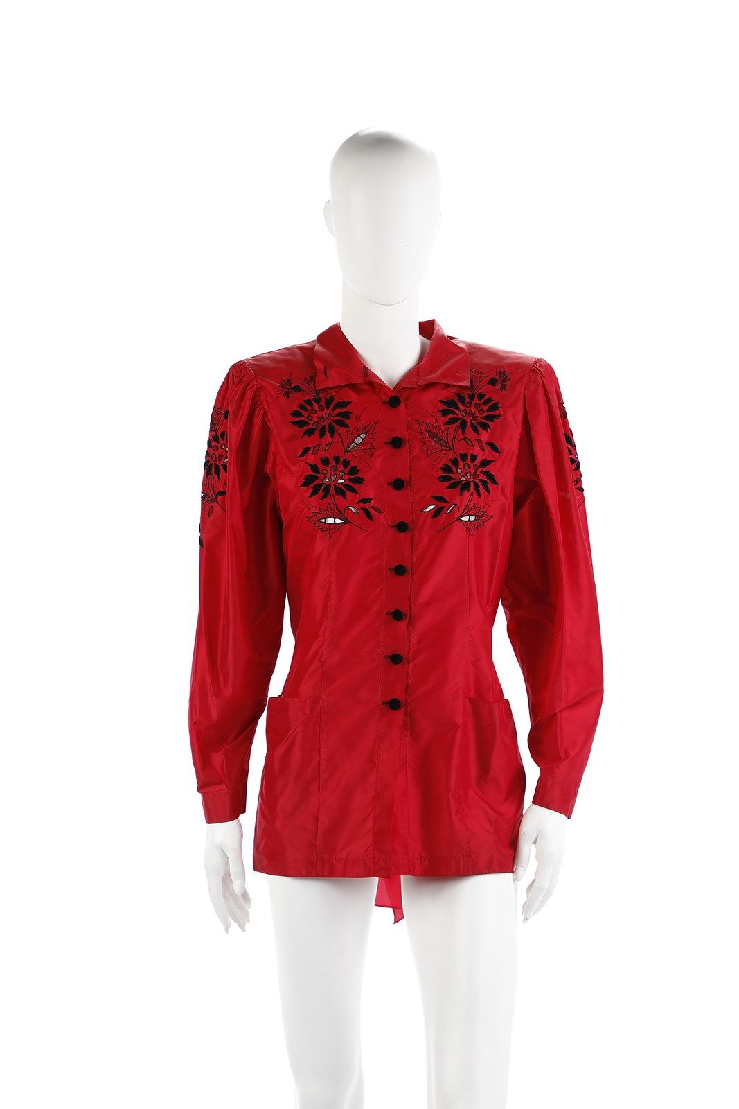 CINZIA BARAGNESI Red shirt with cutwork embroidery finished in black velvet, pad&hellip;