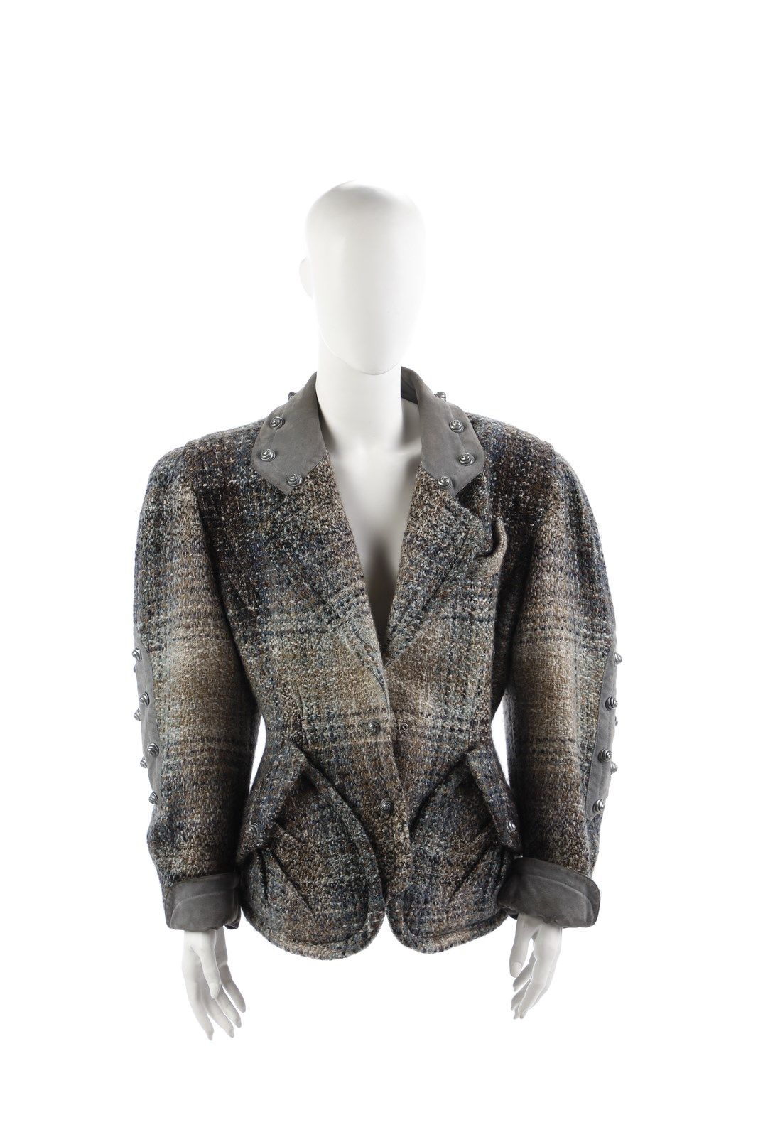 THIERRY MUGLER Wool jacket with studs and suede inserts.Large diagonal patch poc&hellip;