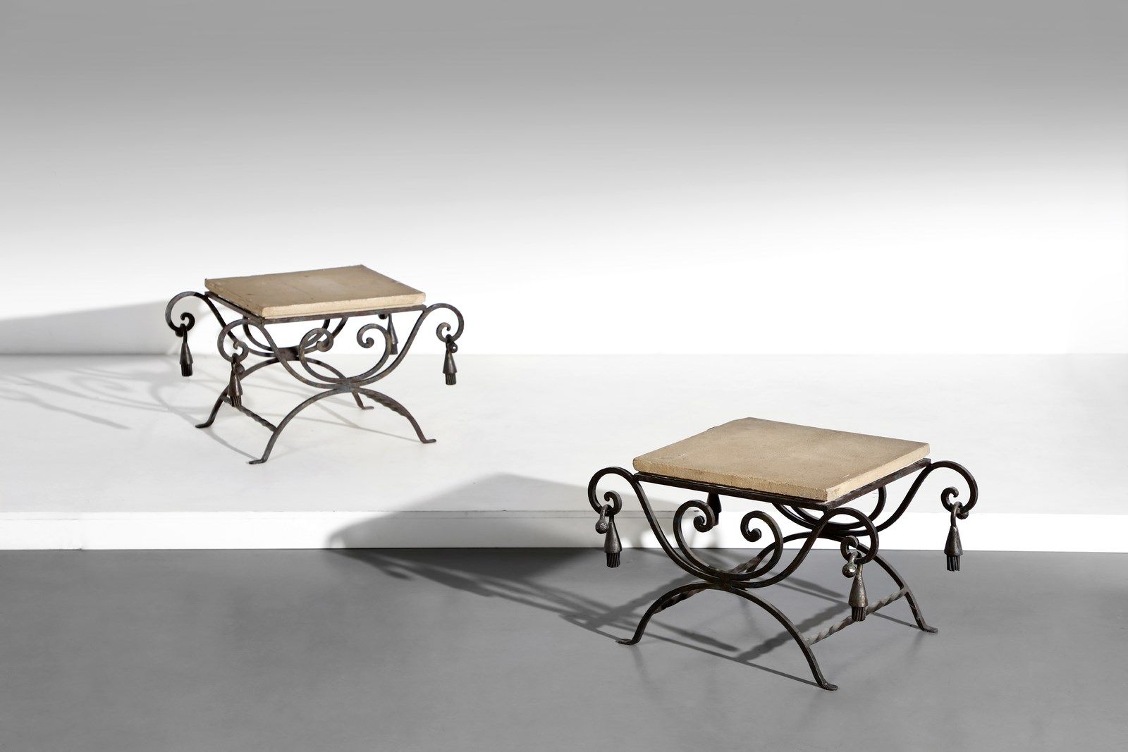 Manifattura Italiana MANIFATTURA ITALIANA Pair of coffee tables. Wrought iron an&hellip;