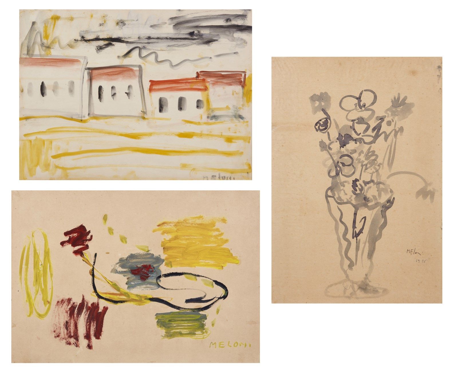 MELONI GINO (1905 - 1989) 梅洛尼-吉诺（1905 - 1989）。本拍品由N.3件艺术作品组成。无题...每幅作品的右下方都有签名。缺&hellip;