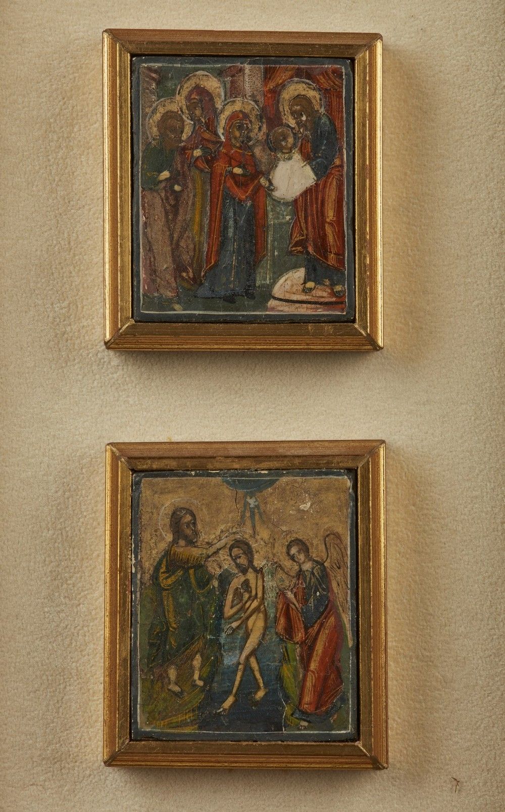 RUSSIAN ICON, 19TH CENTURY 俄罗斯圣像，19世纪，基督的洗礼。木板上的淡彩画。Cm 5,50 x 6,50。.框架存在